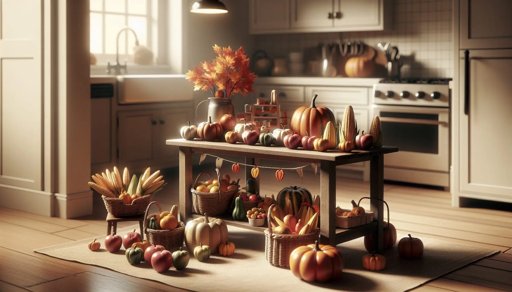 Image of a rustic fall-themed market stand with assorted fruits and vegetables arranged neatly.