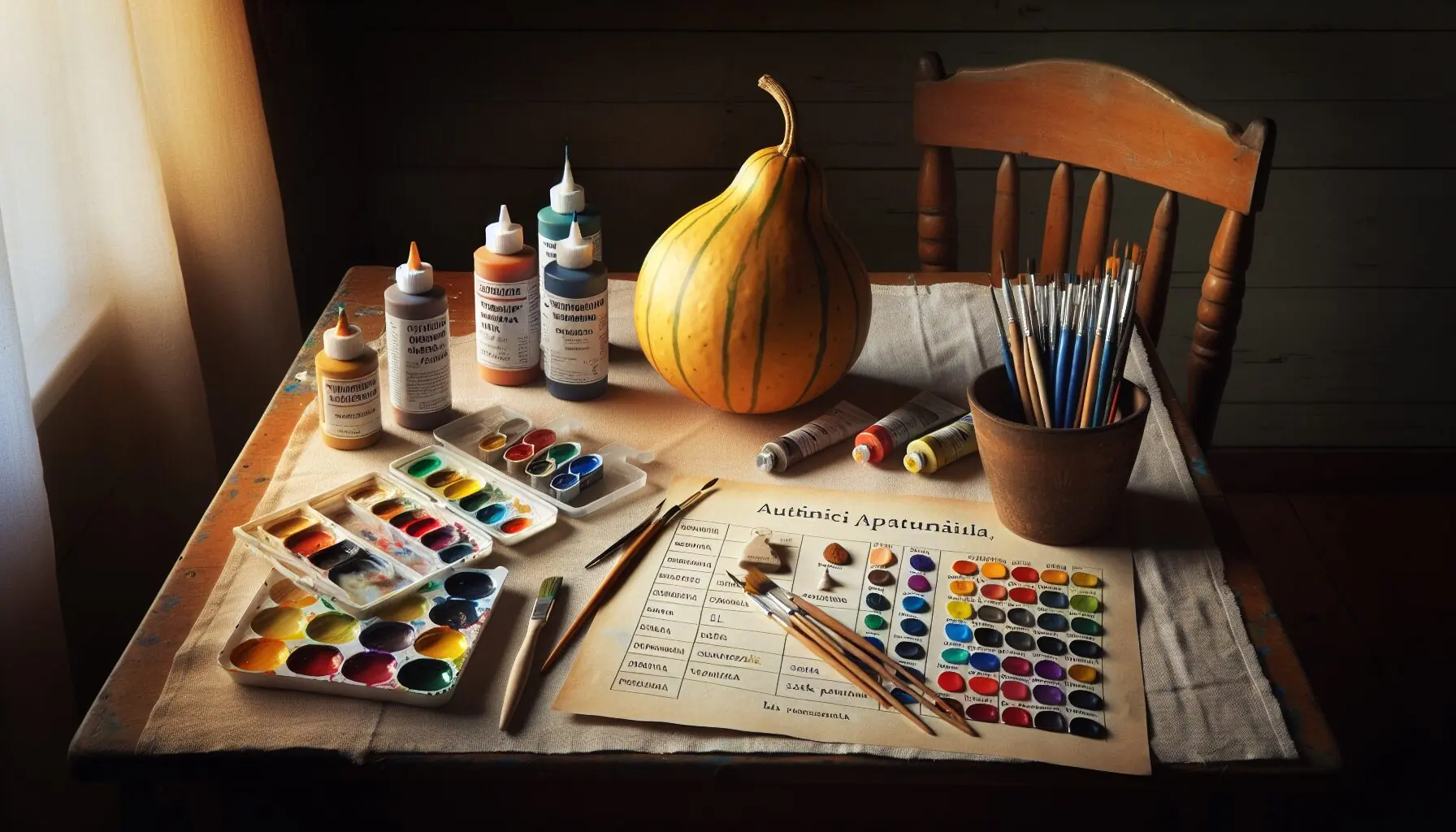 Generate an image showing step-by-step gourd painting materials spread out on a table, including gourds, paint, and a list of Finnish color words.