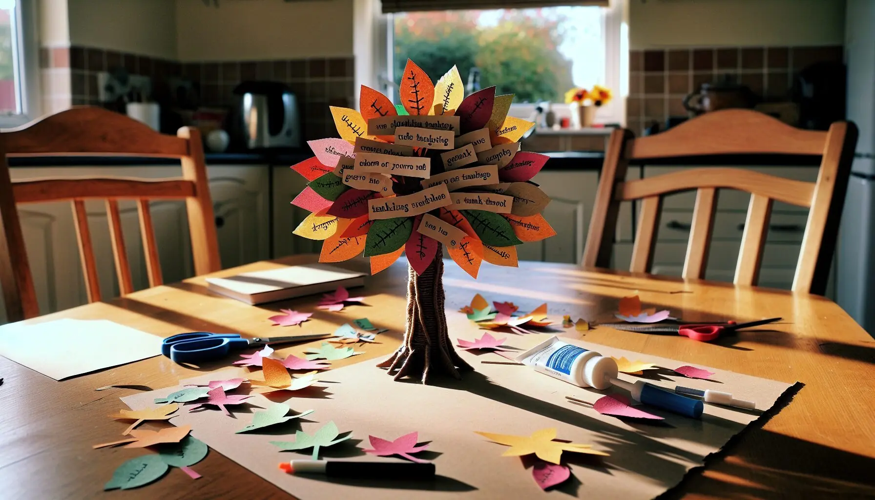 Generate an image of a completed Thankful Tree craft, with colorful paper leaves attached to a cardboard trunk.