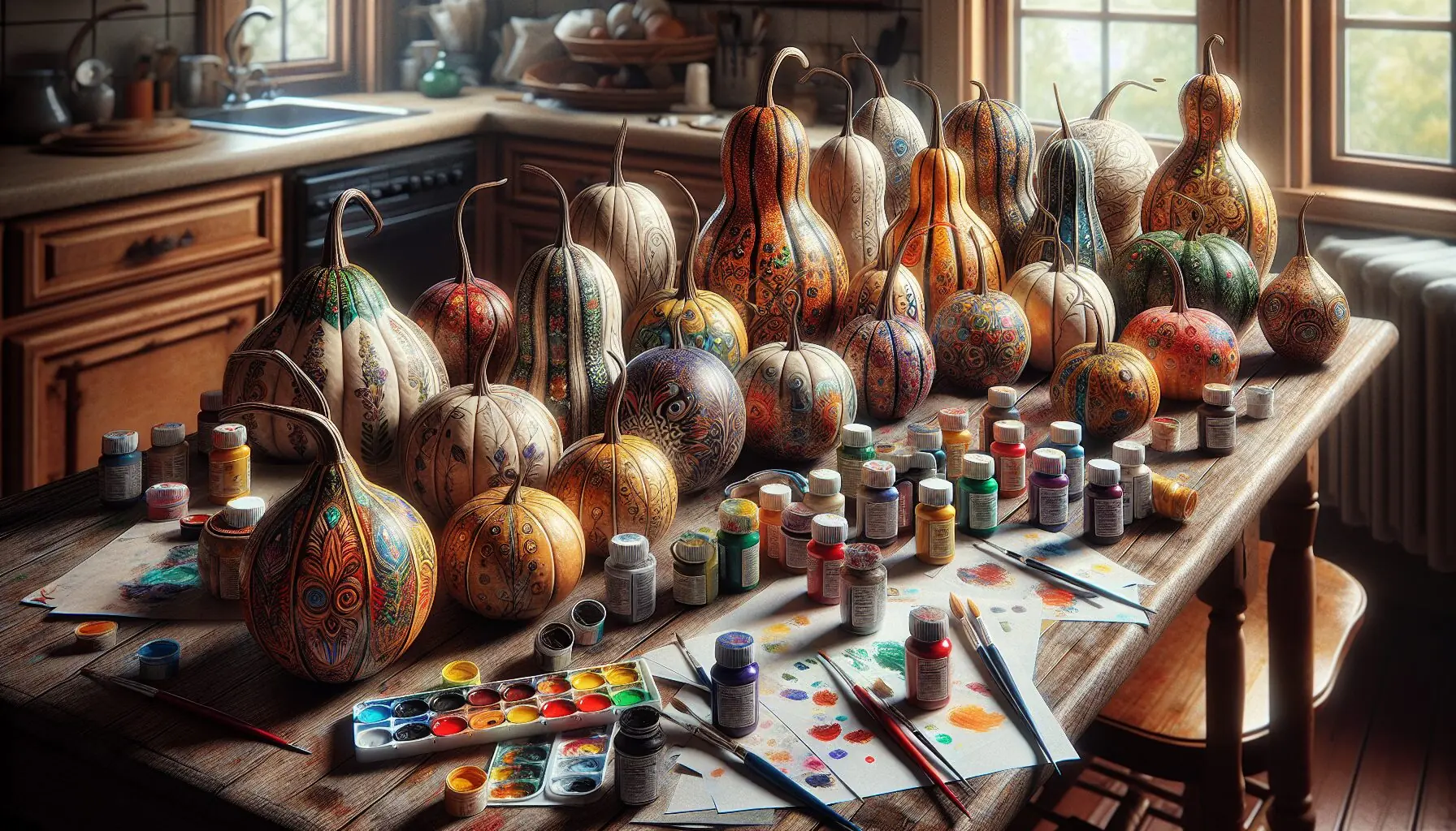 Design an image showcasing a variety of decorated gourds, each with unique patterns and colors.