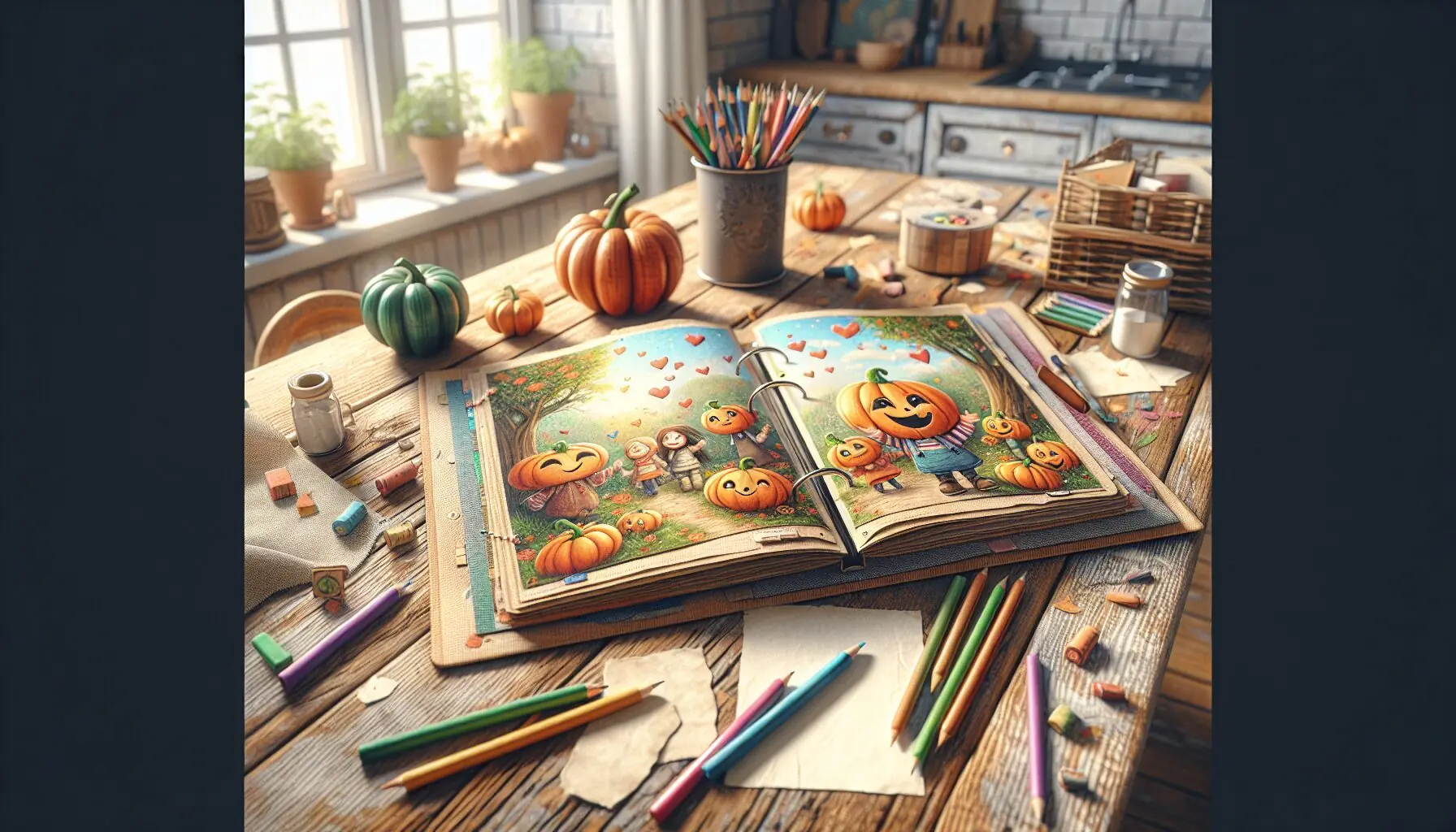 Generate an image of a scrapbook page featuring illustrated pumpkin characters in a story setting.