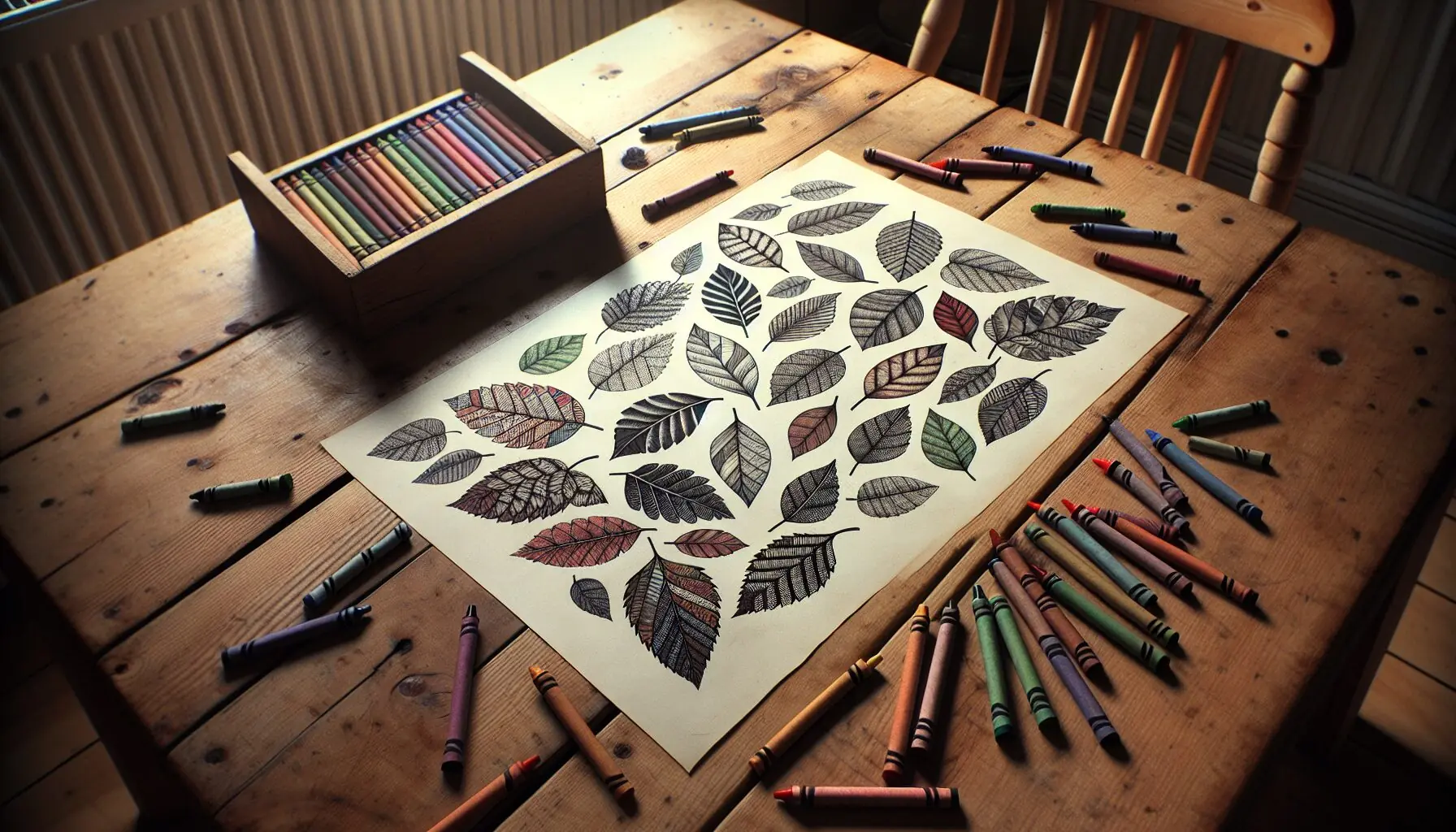 Generate an image of a finished pattern made from leaves and paper, with crayons nearby, capturing a sense of completion and creativity.