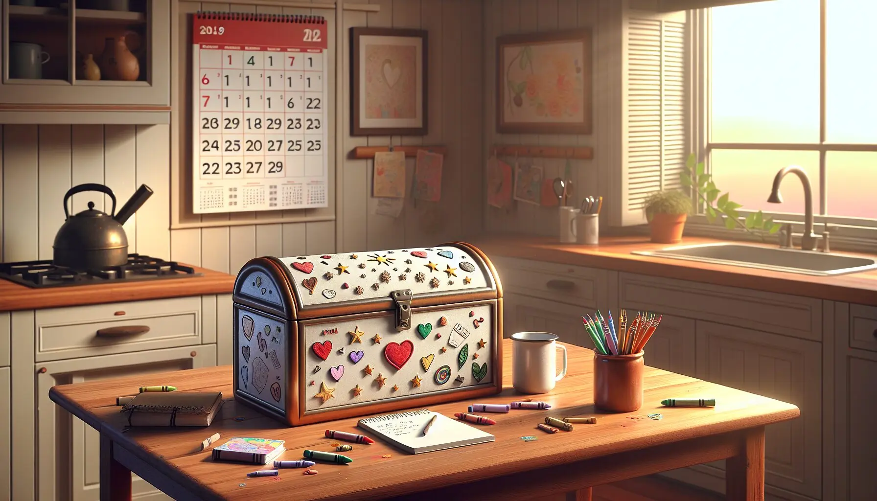 Generate an image of a decorated time capsule with a calendar marked for six months later, surrounded by hearts and stars.