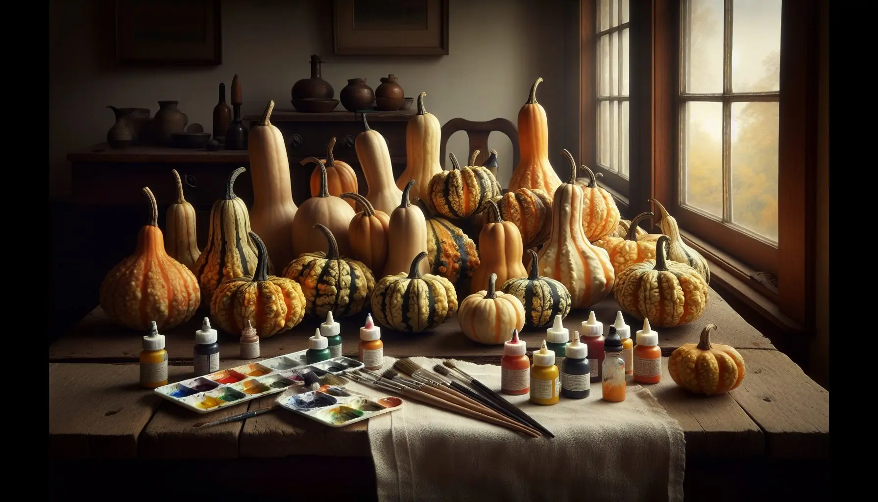 Generate an image of gourds of different shapes and sizes, with paints and brushes around them on a table.