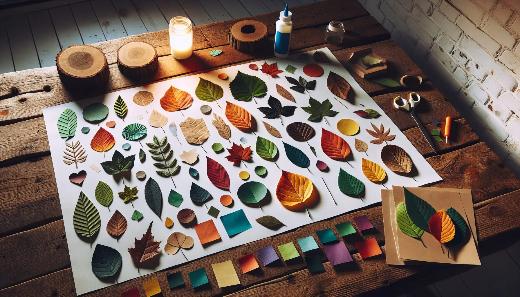 Generate an image showing an arrangement of leaves and colored paper shapes laid out in an alternating pattern on a white sheet.