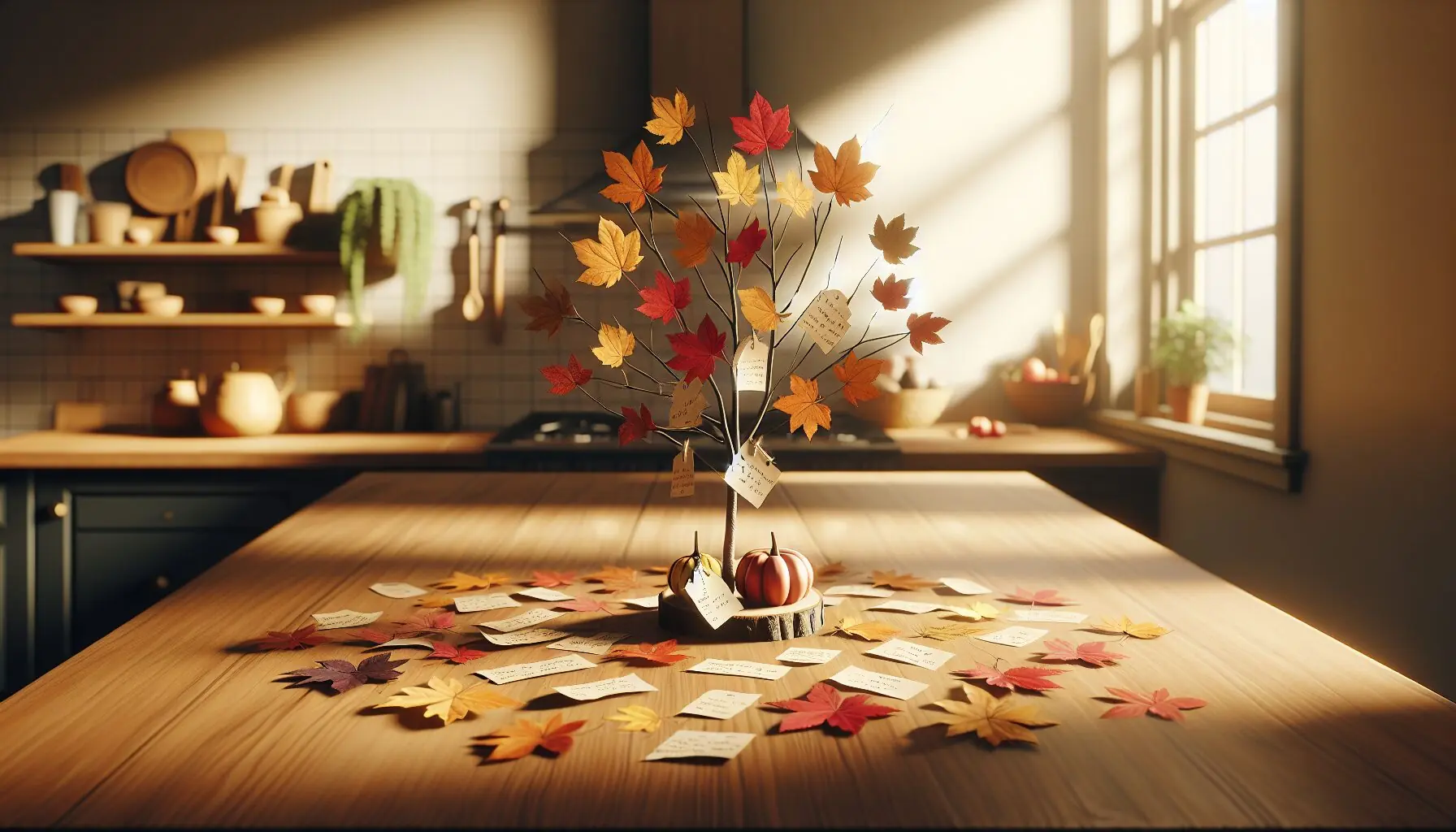 Generate an image of a cozy autumn scene with colorful paper leaves scattered around a tree branch centerpiece.