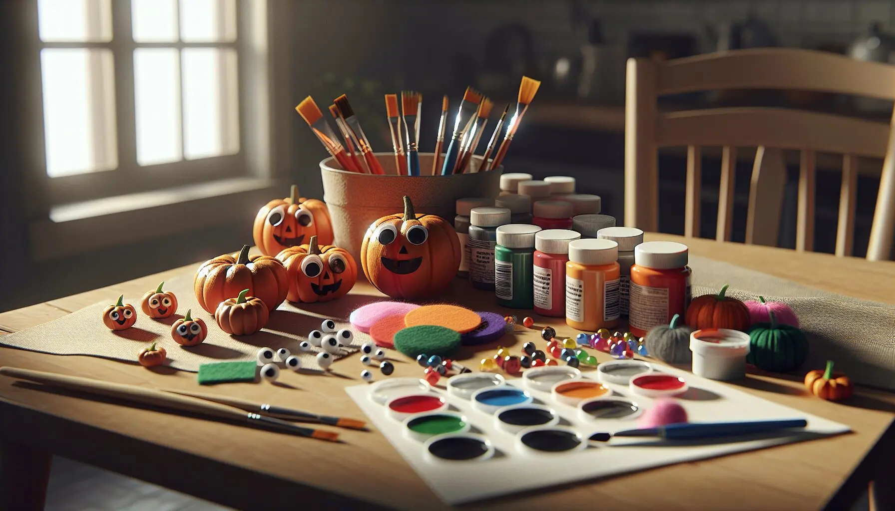 Generate an image of mini pumpkins with craft materials like non-toxic paints, googly eyes, and colorful felt.