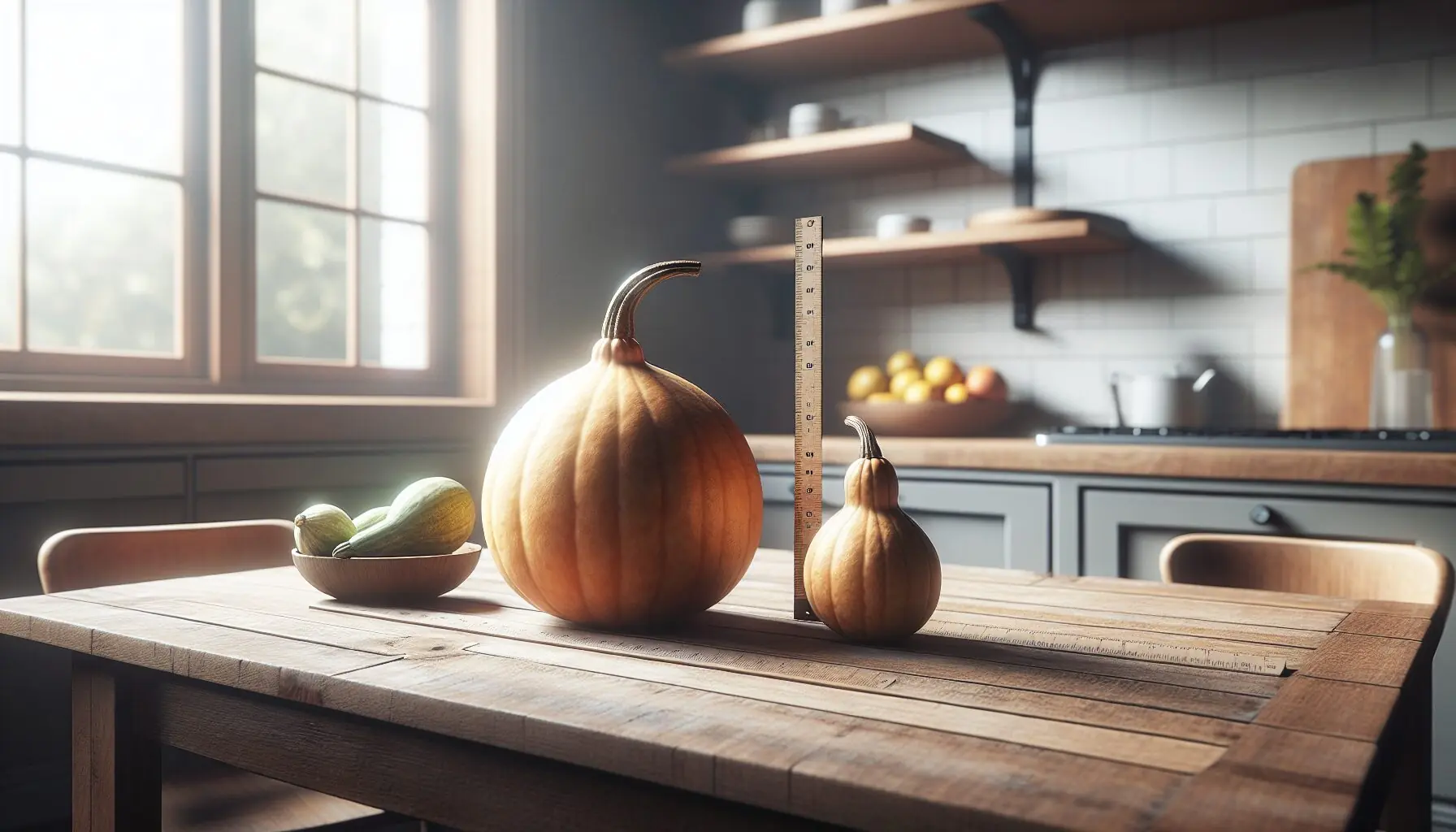 Imagine a side-by-side comparison of a large and small gourd with a ruler measuring them.