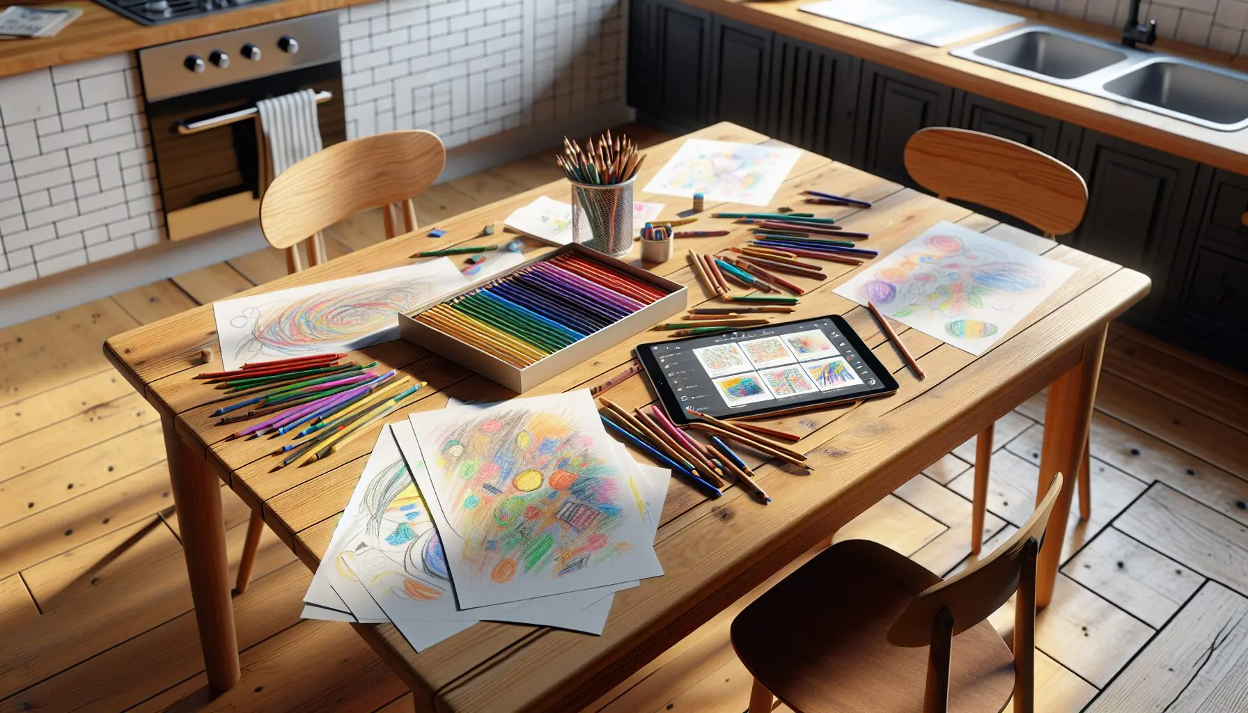 Generate an image of a table with various sheets of expressive and abstract drawings made by children.