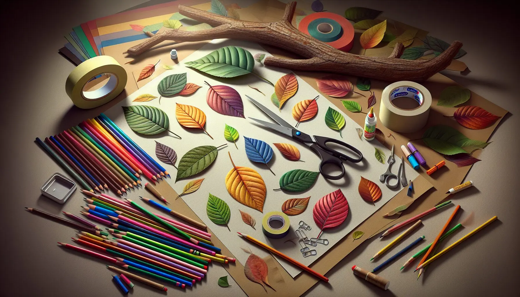 Generate an image of art supplies like colorful craft paper, scissors, markers, and glue on a table.