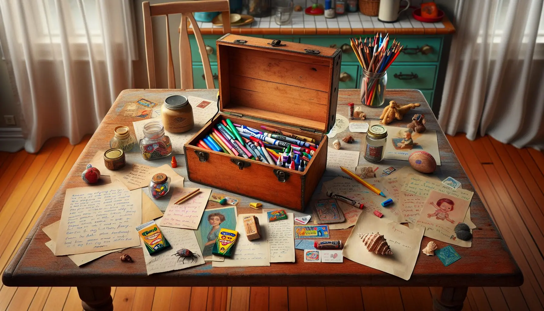 Generate an image showing the assembling of a time capsule with drawings and small trinkets being placed into a box.