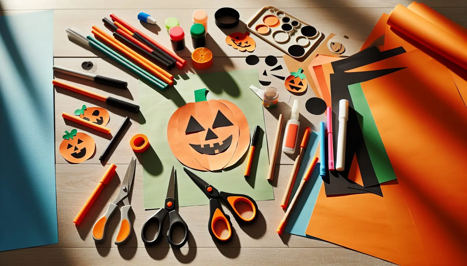 Create an illustration of various playful pumpkin face cutouts made from colorful construction paper.