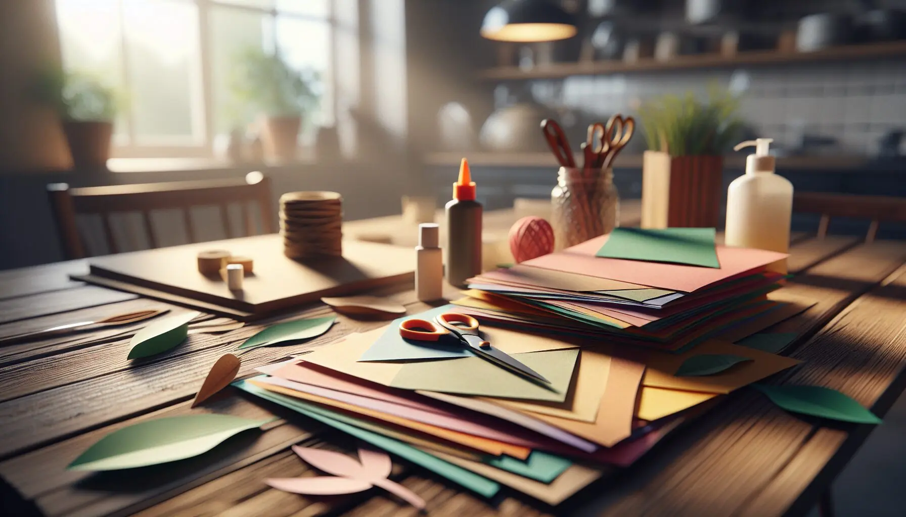 Generate an image of an art supplies kit including colored paper, scissors, and glue, with partially completed paper leaves.