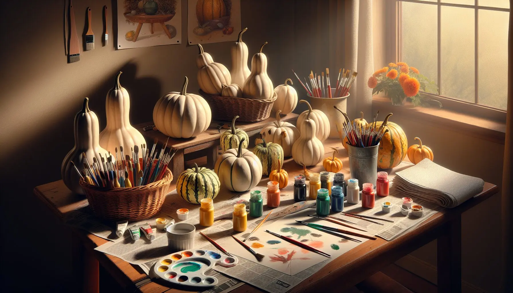 Visualize a cozy activity setup with gourds being painted by colorful brushes, newspapers spread beneath to catch spills.