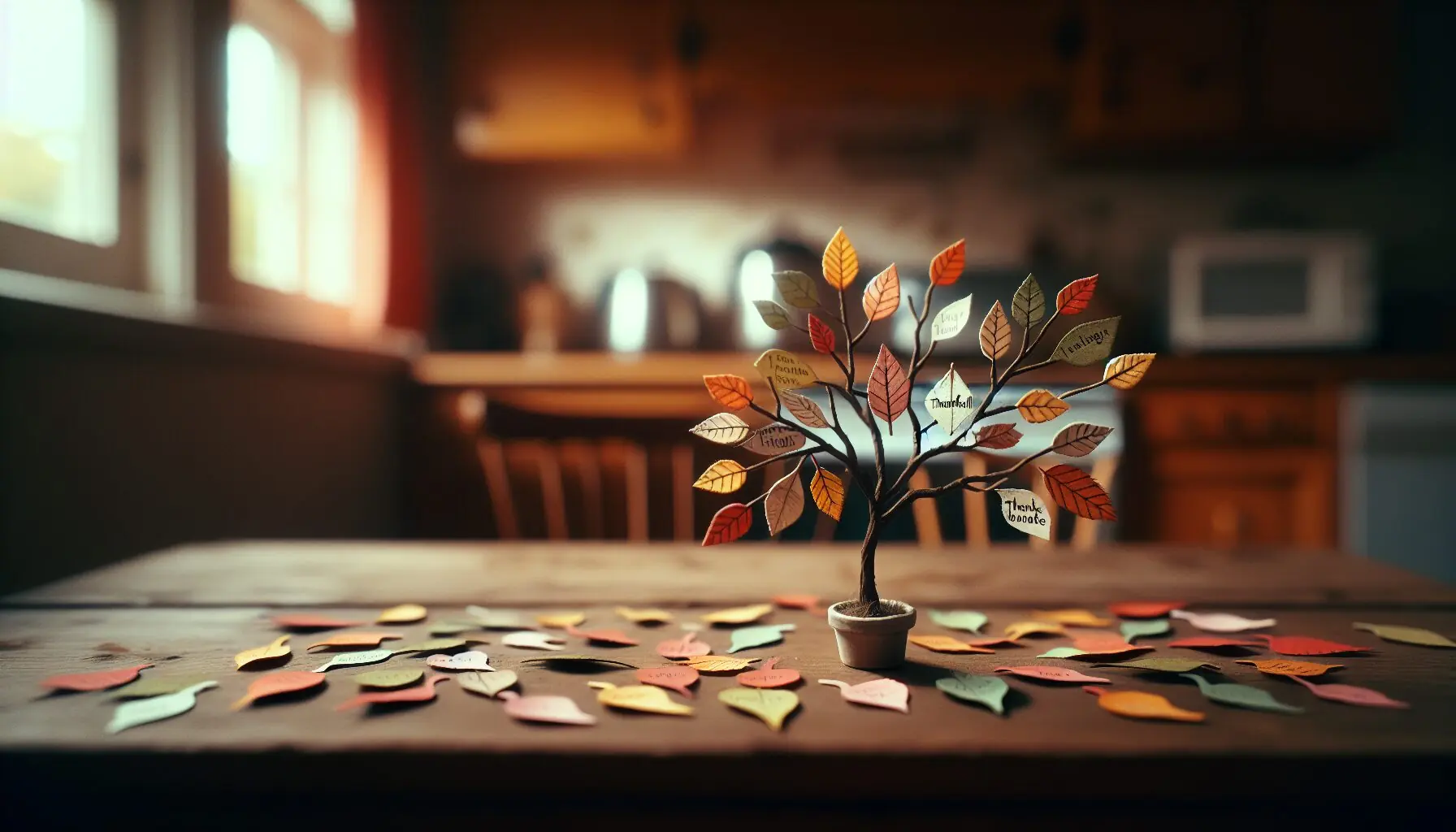 Generate an image of a table depicting completed Thankful Leaves on a small tree branch, surrounded by various leaf shapes.