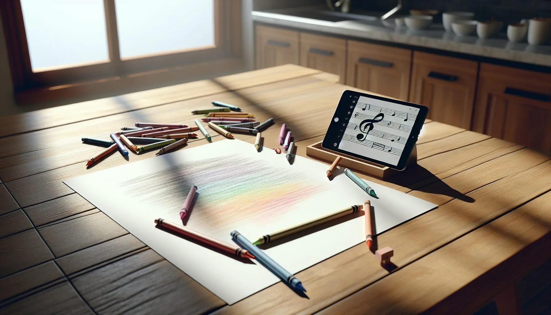 Generate an image of an art setup with drawing paper, colorful crayons, and a tablet playing music.