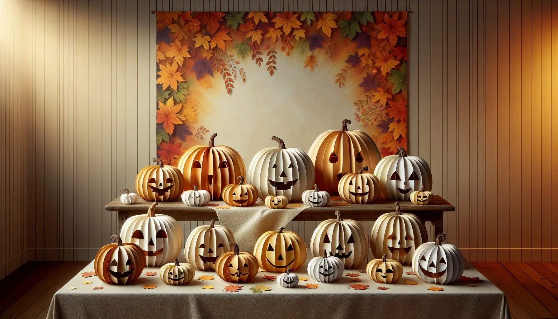 Depict an image showcasing paper-crafted pumpkin faces displayed as completed art pieces on a soft, autumn-themed fabric backdrop.