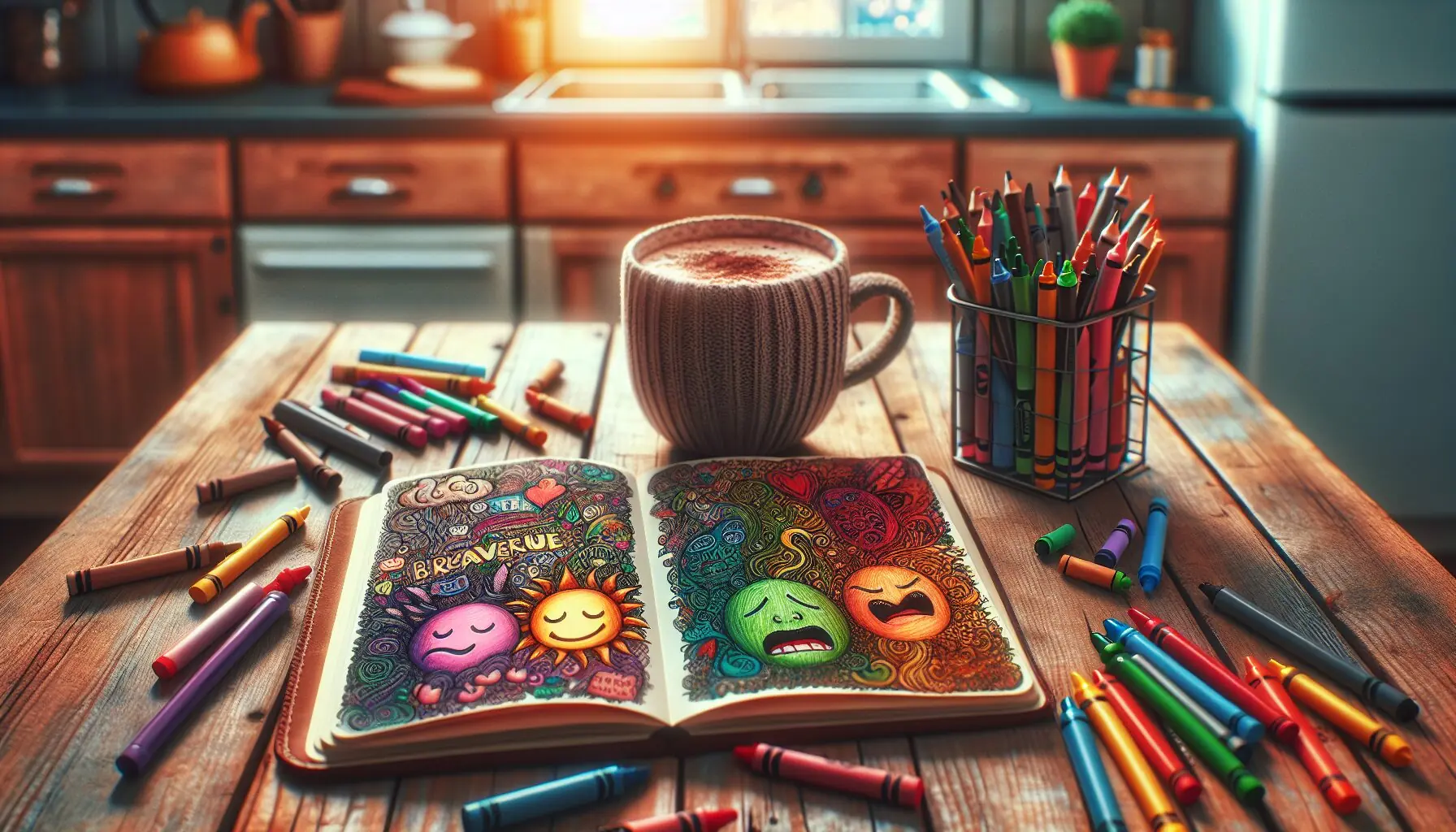 Generate an image of a notebook with colorful doodles representing emotions such as bravery, fear, and joy.