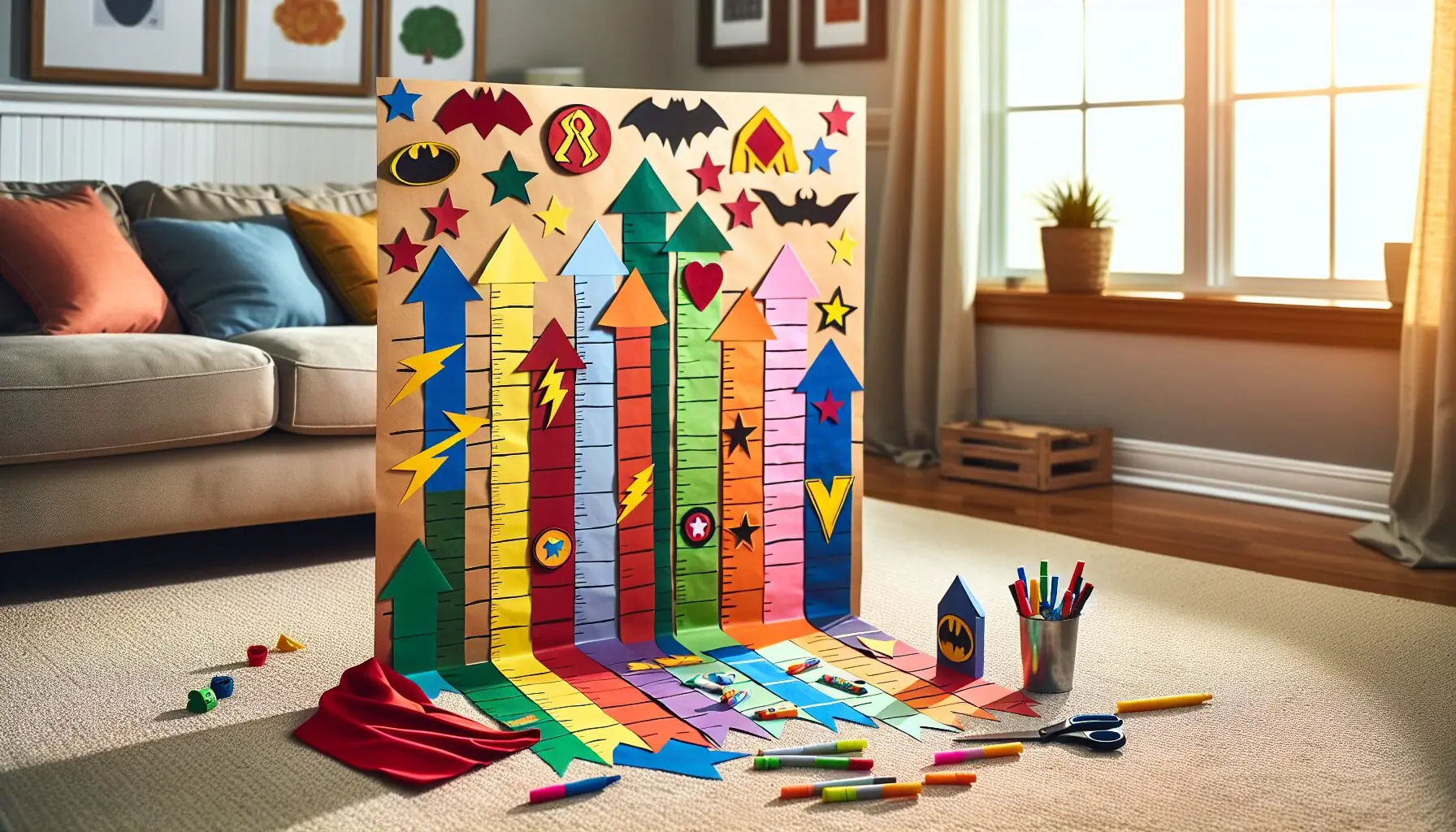 Generate an image of a growth chart with symbols of courage like capes and lightning bolts.