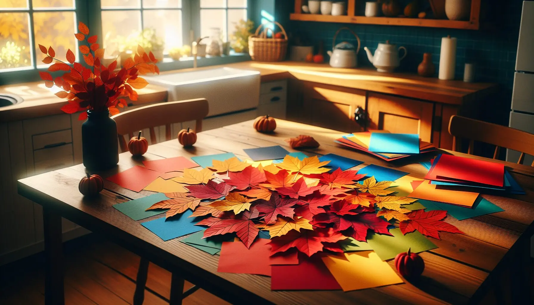 Generate an image of colorful autumn leaves and vibrant colored paper scattered on a table surface.