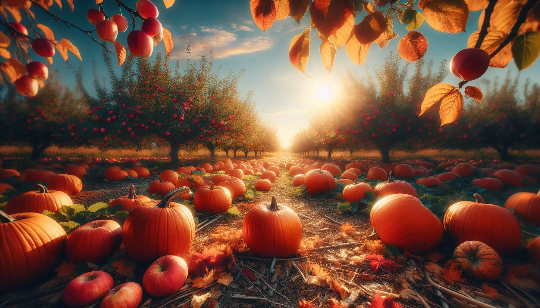 Generate an image of a scenic pumpkin patch under a bright, sunny sky.
