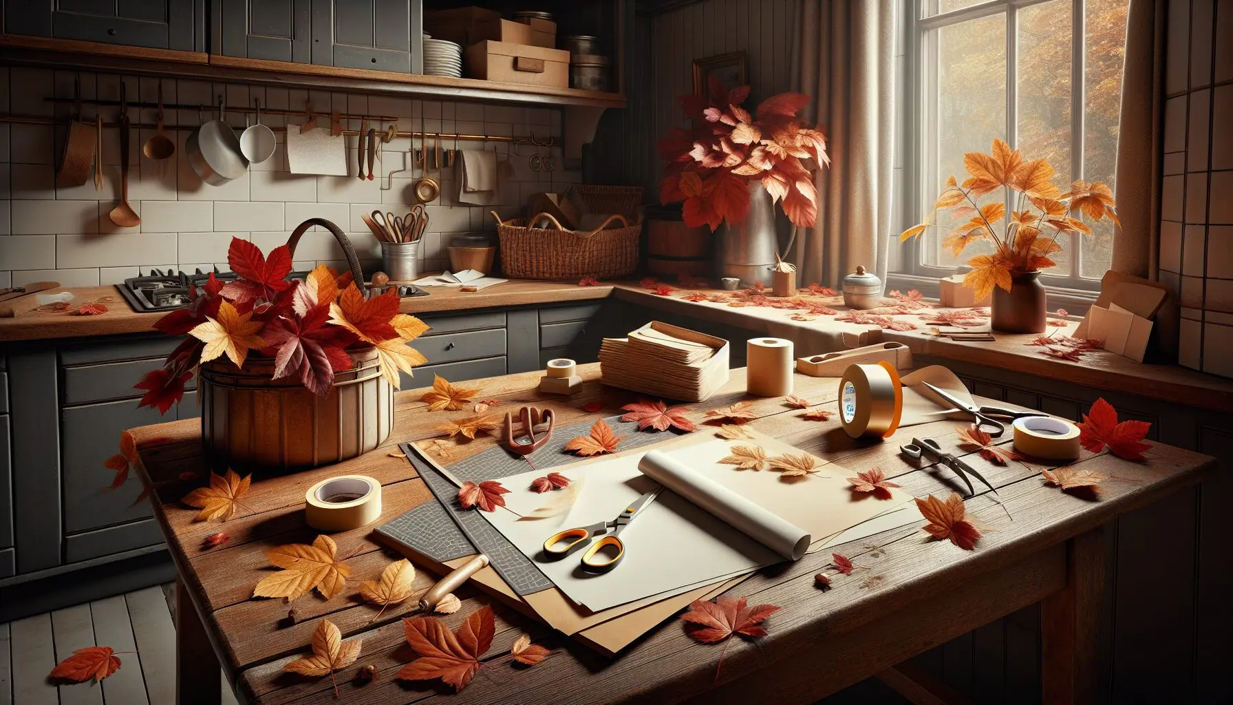 Generate an image of colorful autumn leaves scattered on a wooden table.