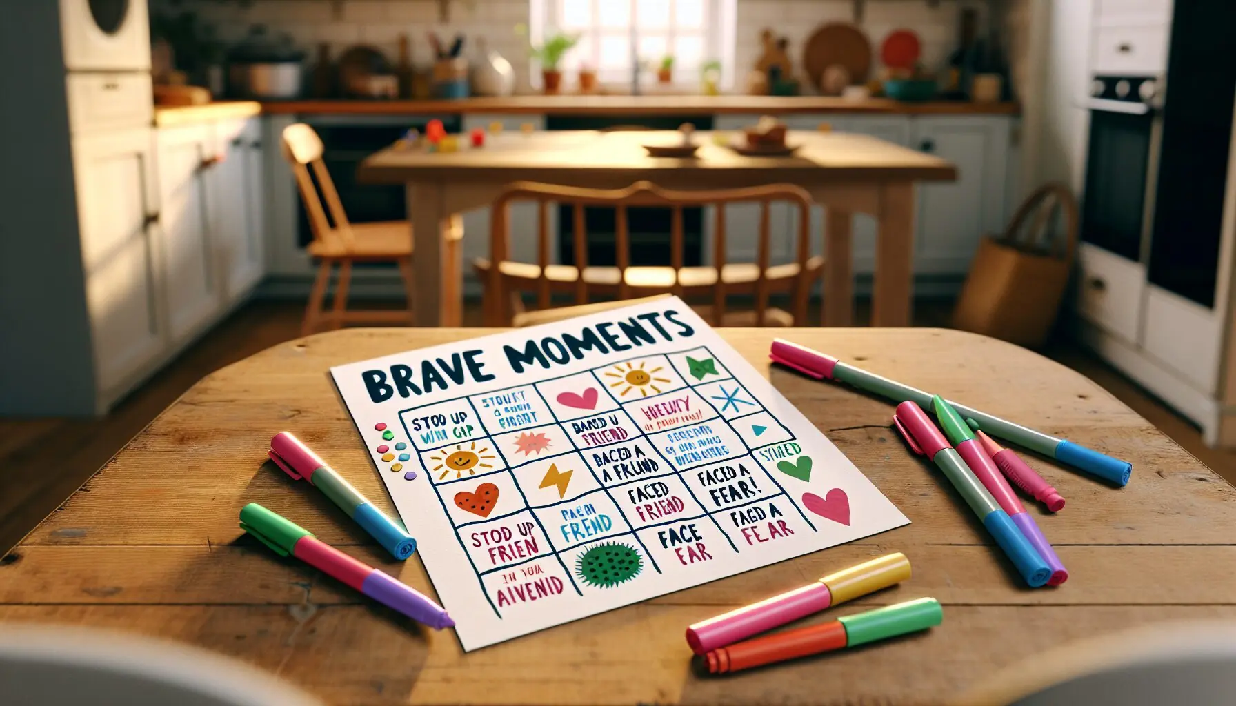 Generate an image of a bingo card filled with diverse 'brave moment' categories, paired with vibrant markers.