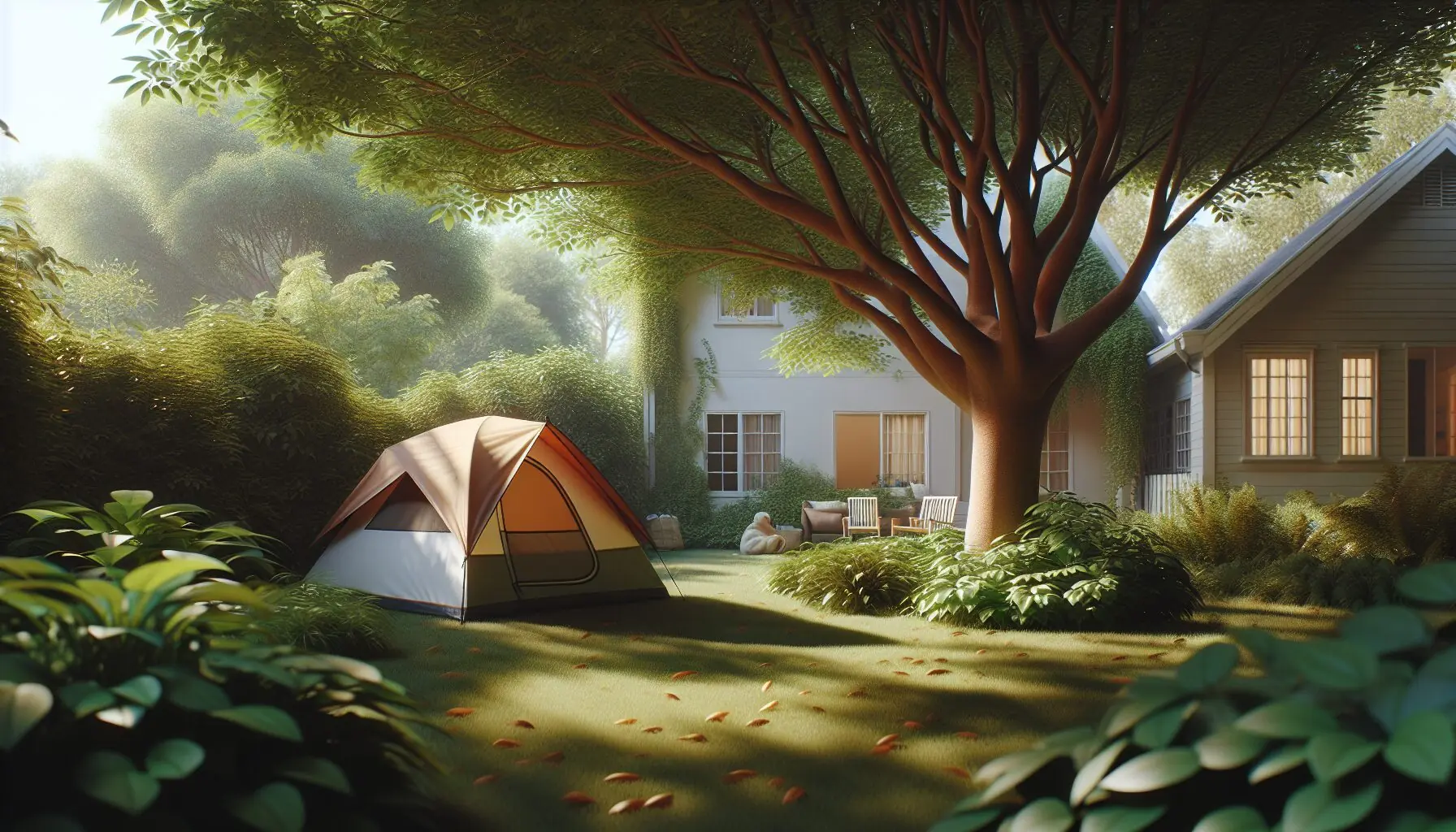 Generate an image of a serene backyard with a small tent under a tree, surrounded by garden plants.
