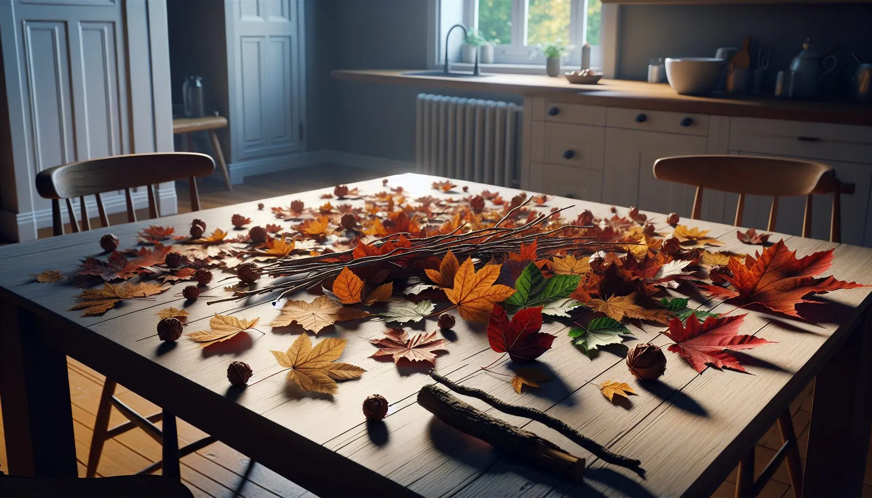 Generate an image of a child experimenting with different textures of autumn leaves with a twig.