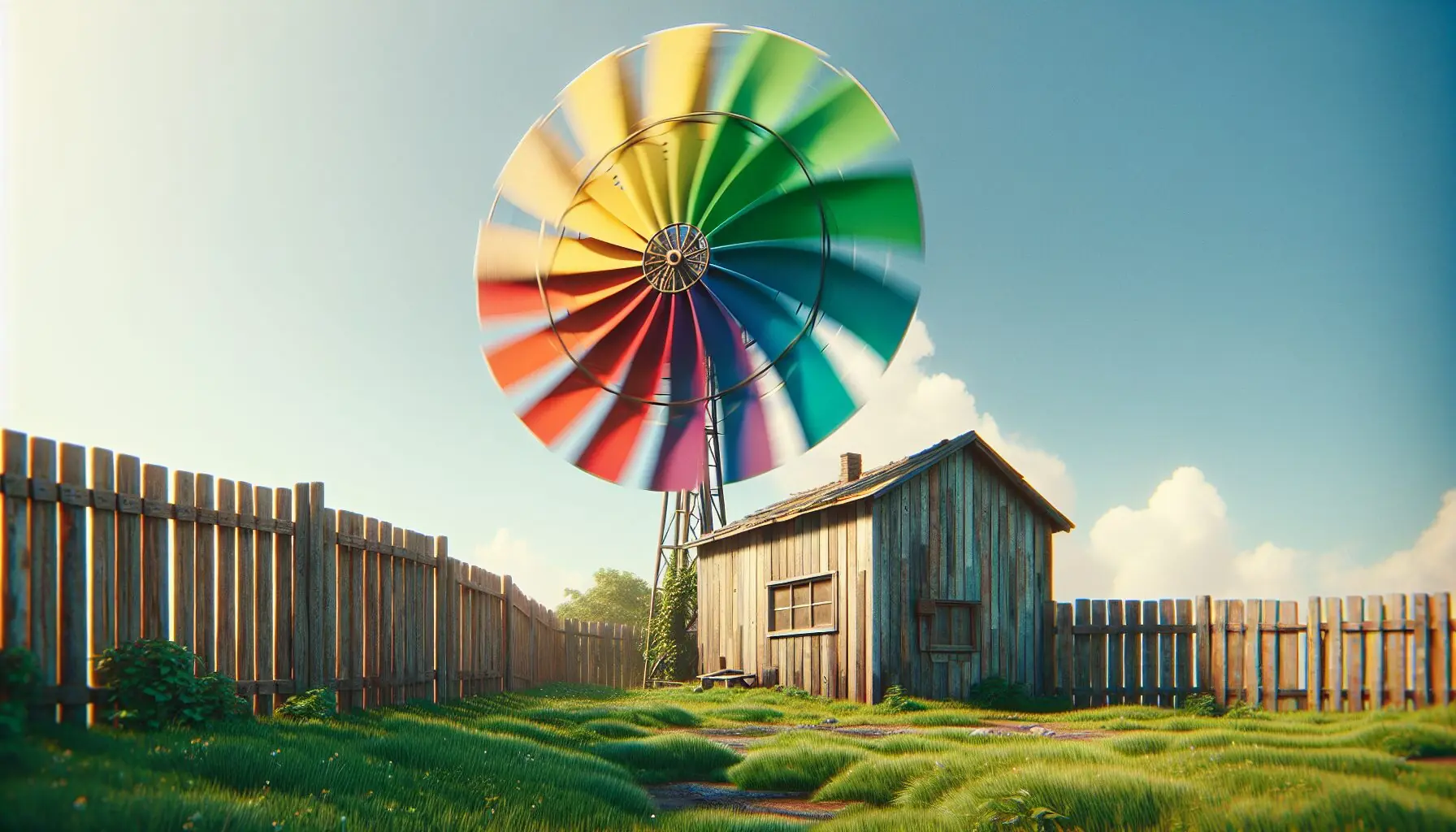 Generate an image of a large colorful pinwheel turning in the breeze against a bright blue sky.