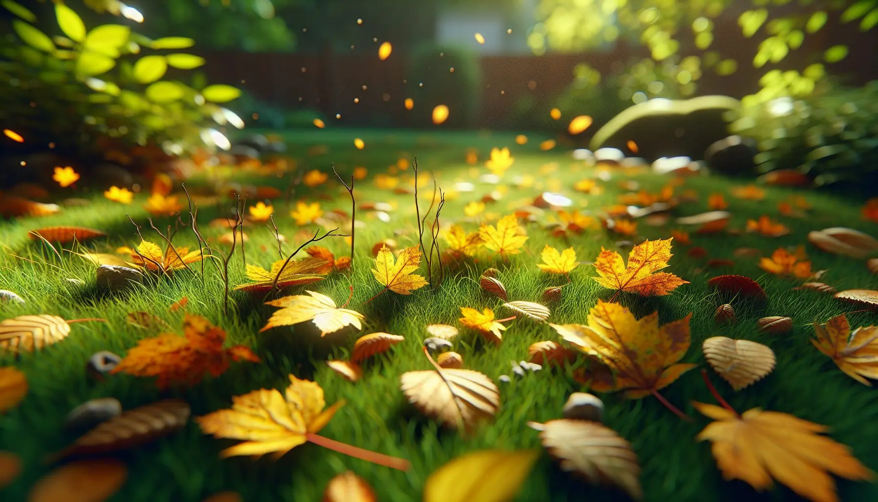 Generate an image of golden autumn leaves and small twigs scattered on a patch of grass.