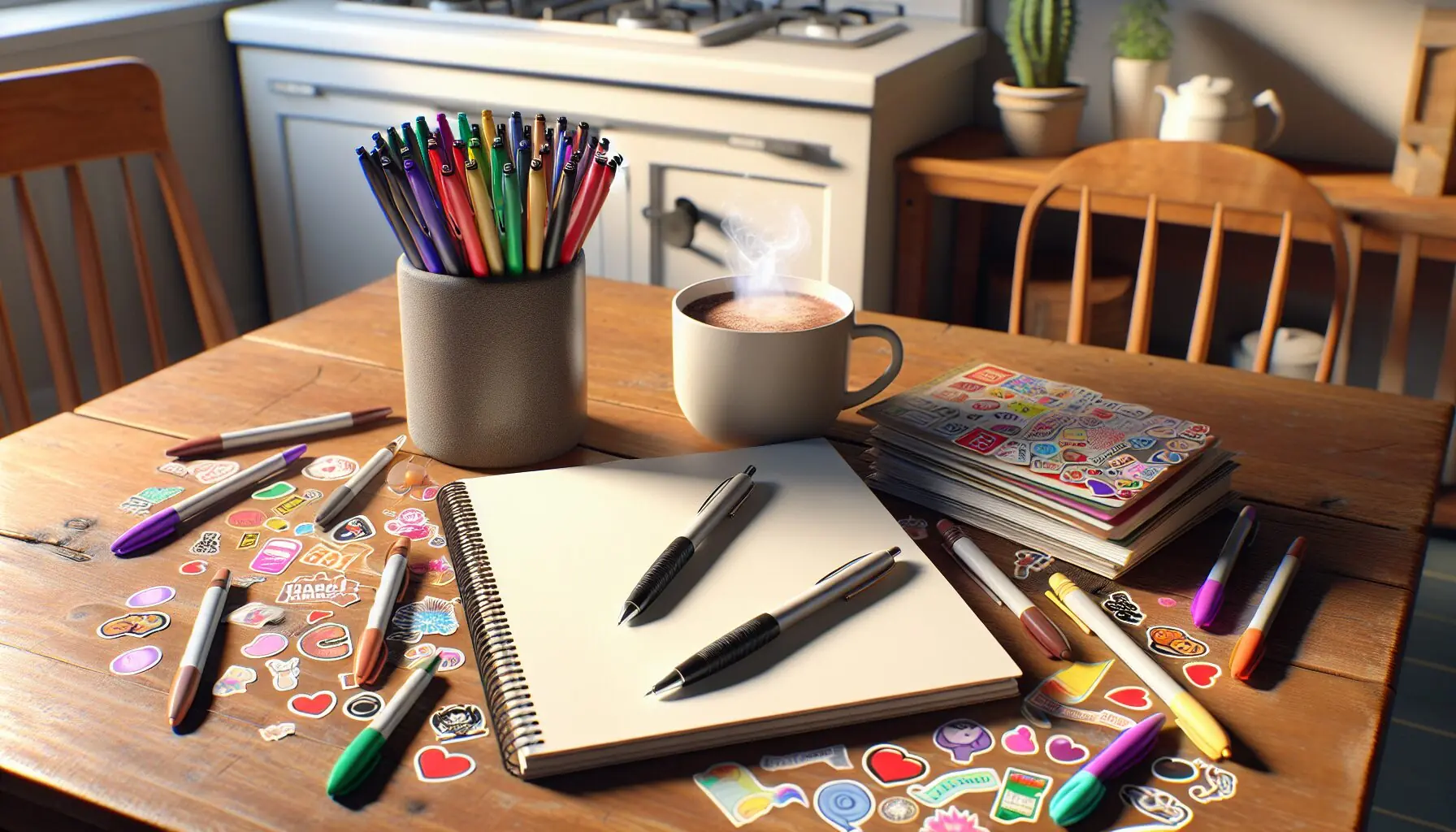 Generate an image of a blank notebook with colored pens, stickers, and a cup of steaming cocoa on a wooden table.