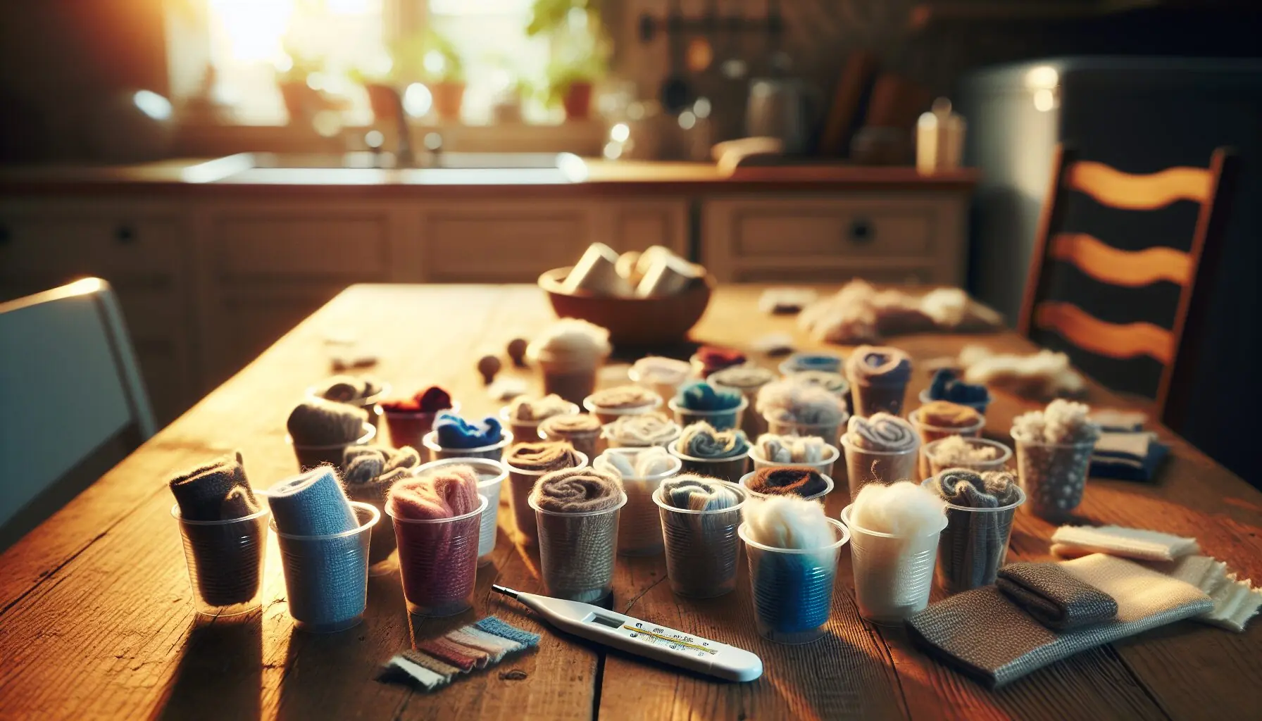 Create an image of small plastic cups with various fabric swatches wrapped around them.