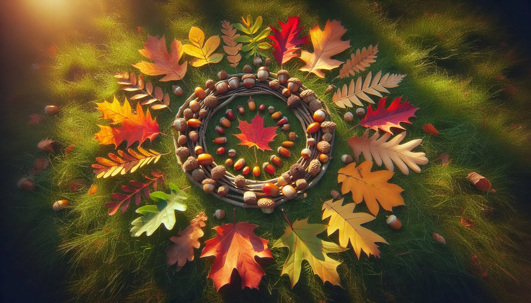 Generate an image showing a collection of colorful autumn leaves, twigs, and acorns arranged in a circle.