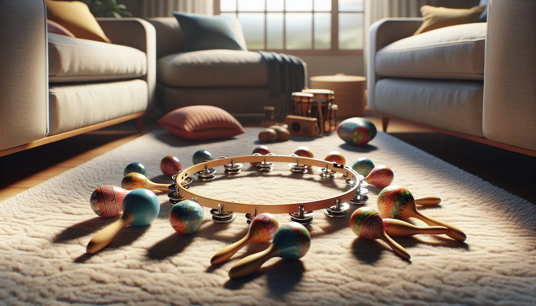Generate an image of colorful musical instruments like tambourines and maracas laid out in a circle.