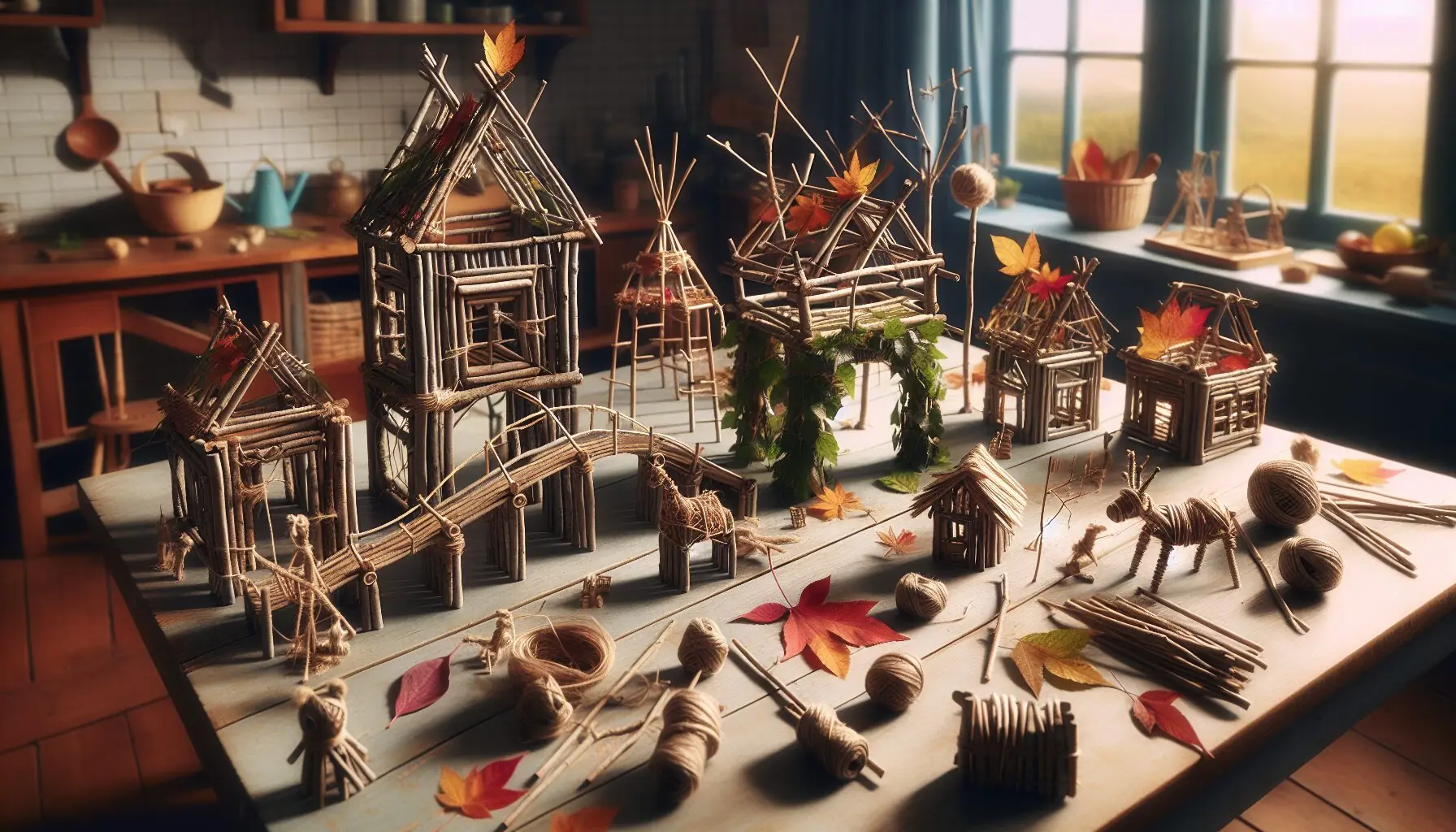 Illustrate a whimsical collection of completed stick structures, showcasing a variety of forms and colors with simple twine and leaves.