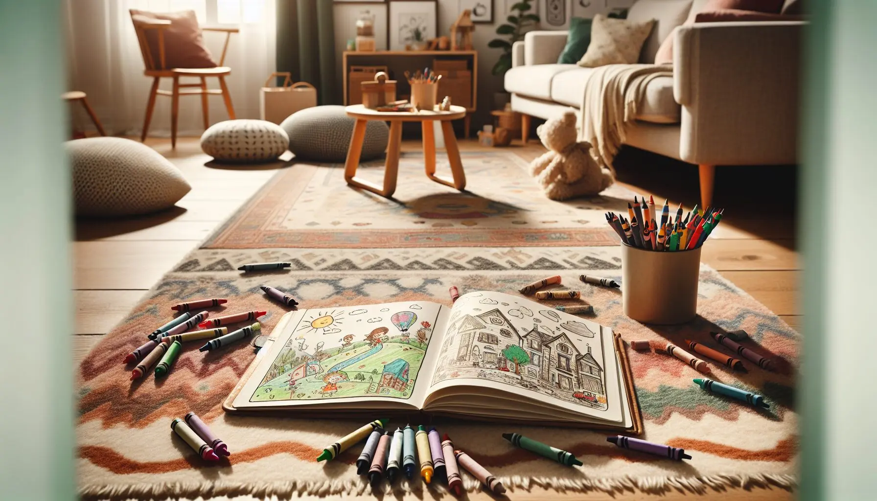 Generate an image of a child's sketchbook open with drawings of adventures on a colorful play mat, surrounded by crayons.