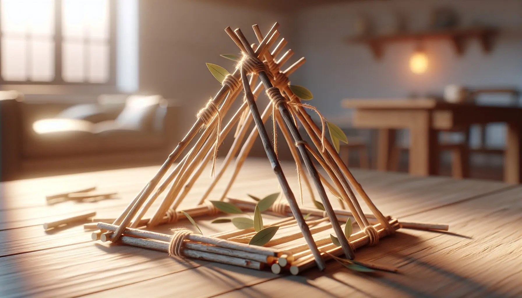 Create an image of sticks tied with twine forming a simple triangular tent, surrounded by playful leaves.