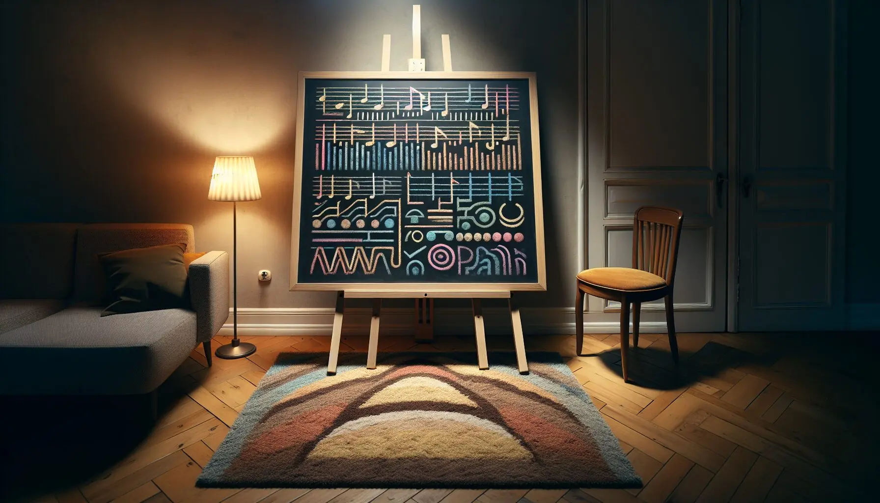 Generate an image of a chalkboard with various rhythm patterns drawn using vibrant chalk.