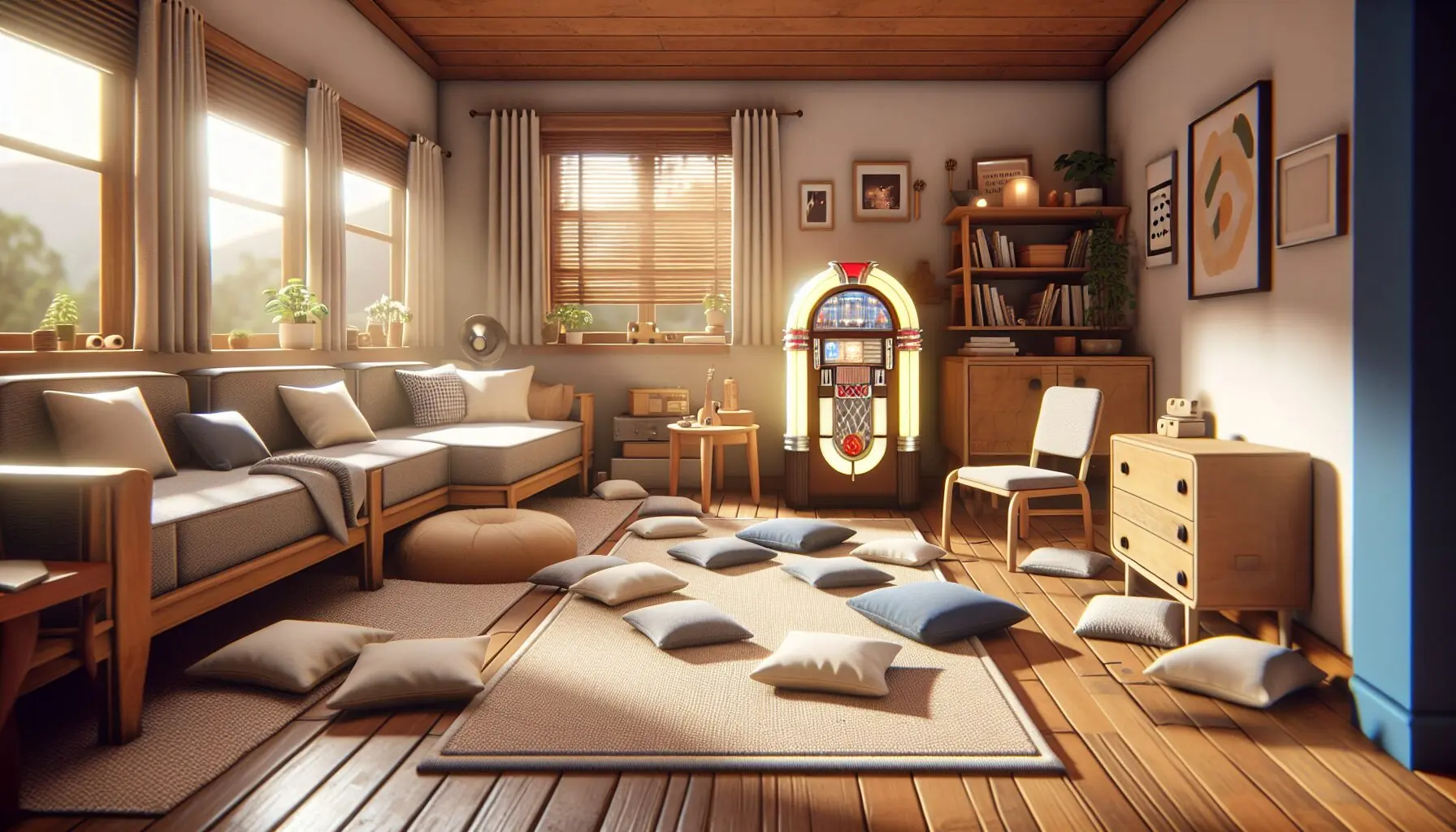 Generate an image of a cozy play space with soft mats and a small jukebox playing music.