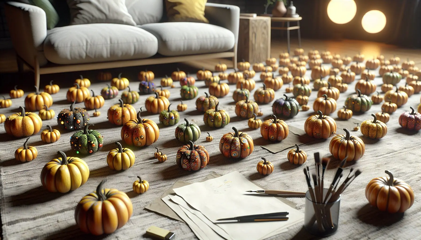 Create an image of a whimsical pumpkin field under a night sky.