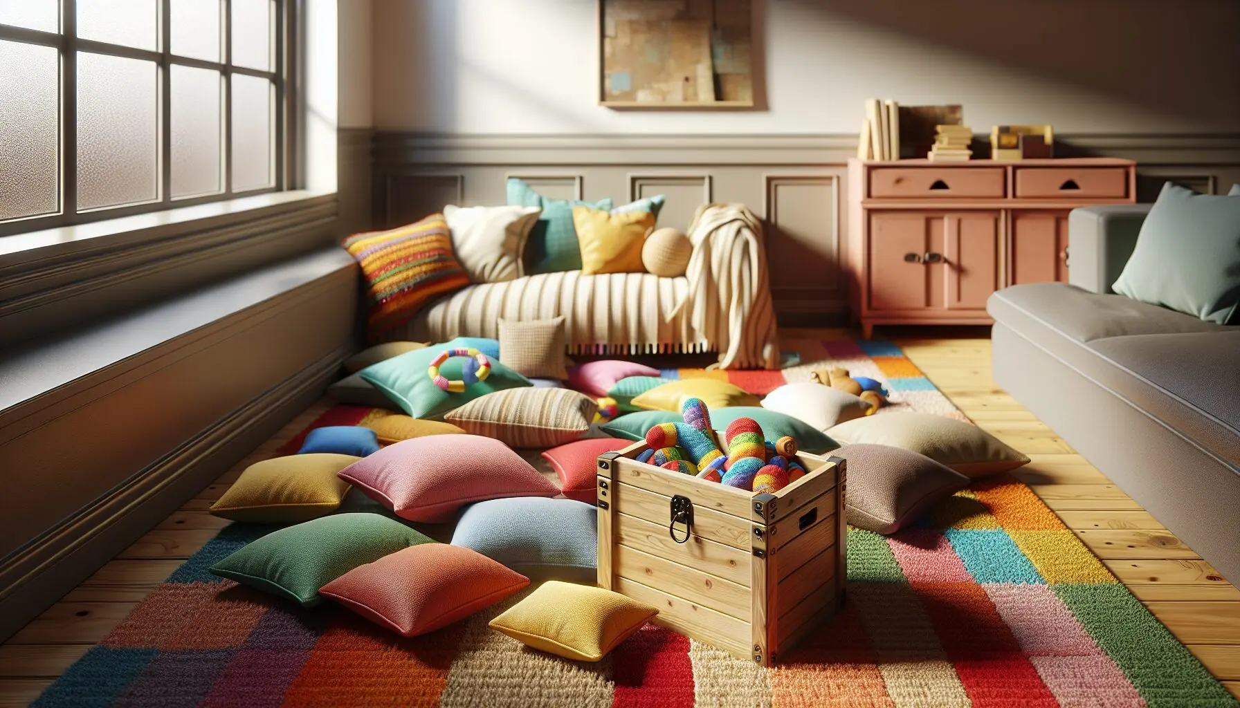 Generate an image of a whimsical setup with various unstructured play items like pillows scattered across a colorful carpet, with a small toy chest nearby.