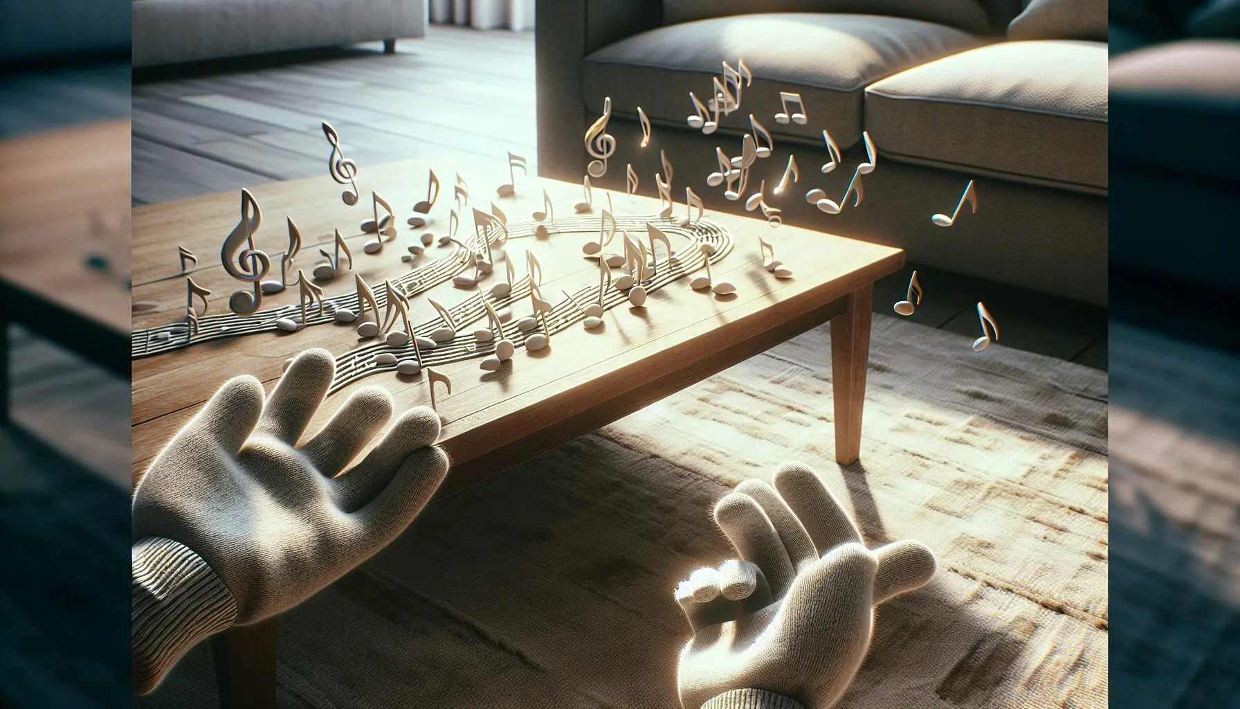 Generate an image of hands clapping together with musical notes swirling around.