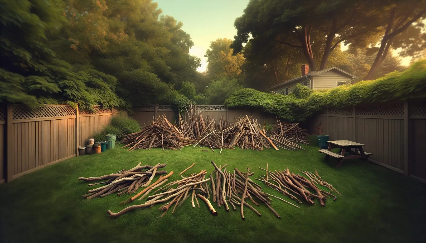 Generate an image of a variety of sticks scattered on a grassy area, highlighting different shapes and sizes.