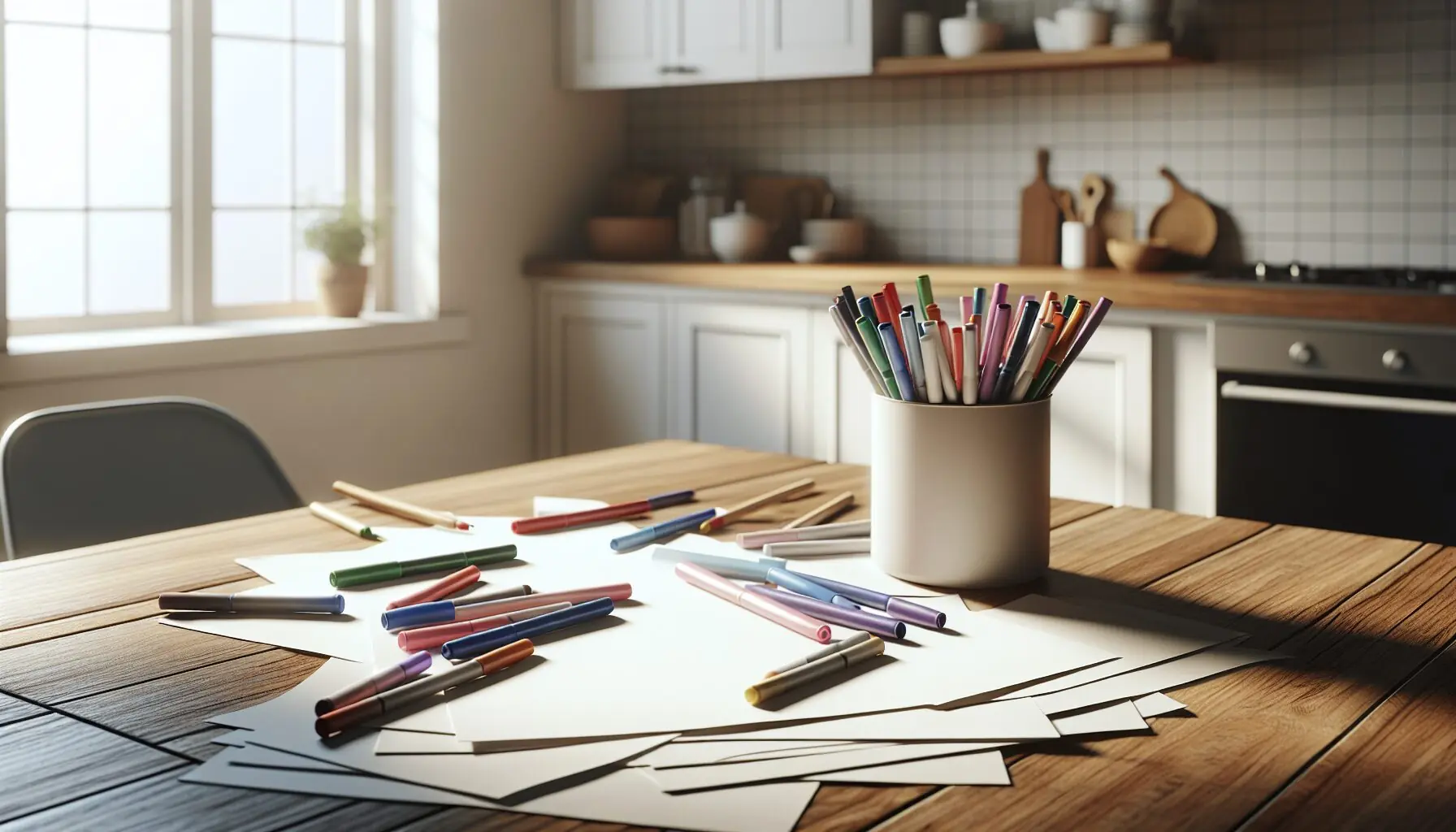 Generate an image of colorful crayons and paper scattered on a table.