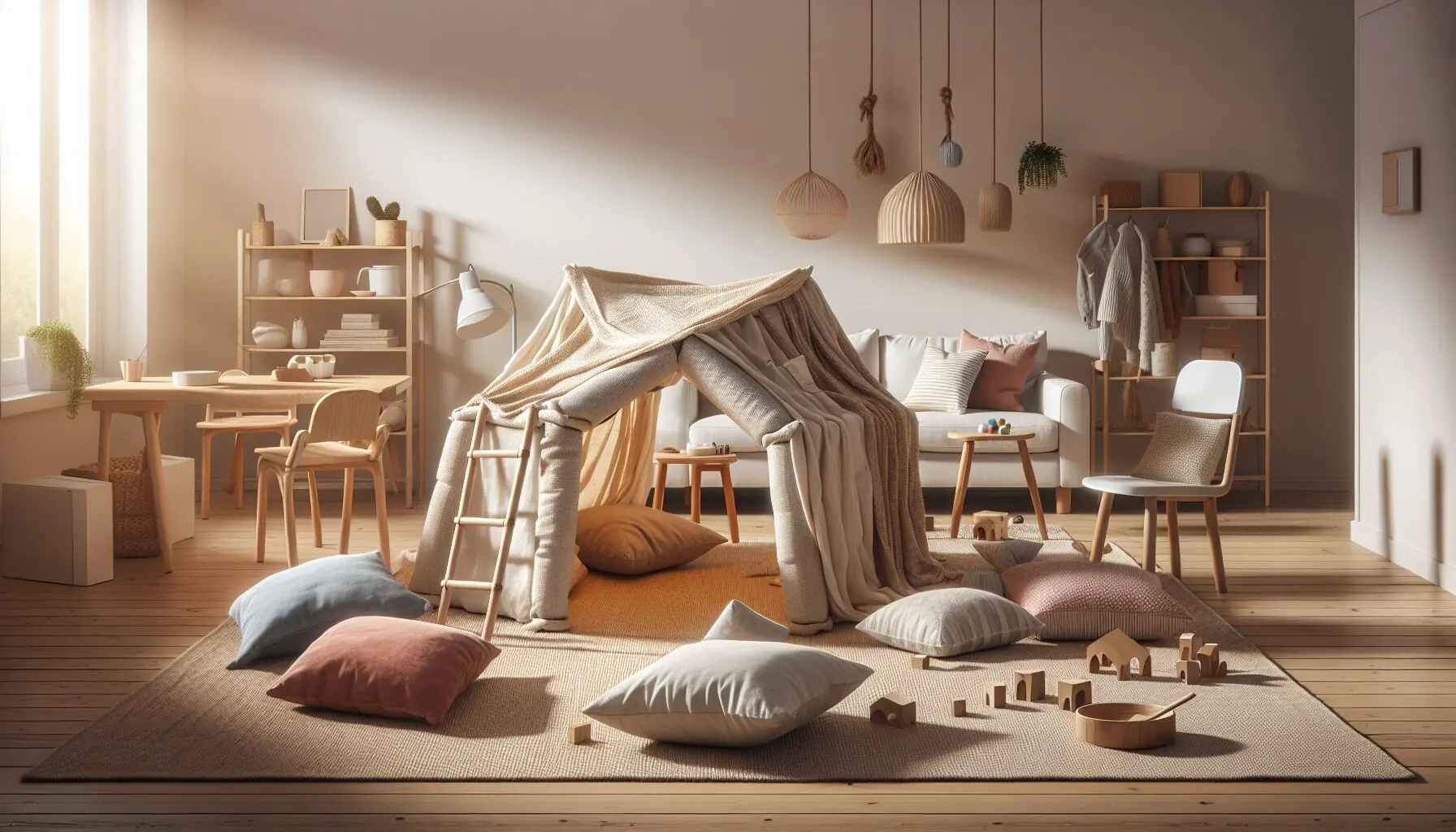Generate an image of a homemade jungle gym comprising chairs, cushions, and a blanket cave, set amidst a lively, cozy room.