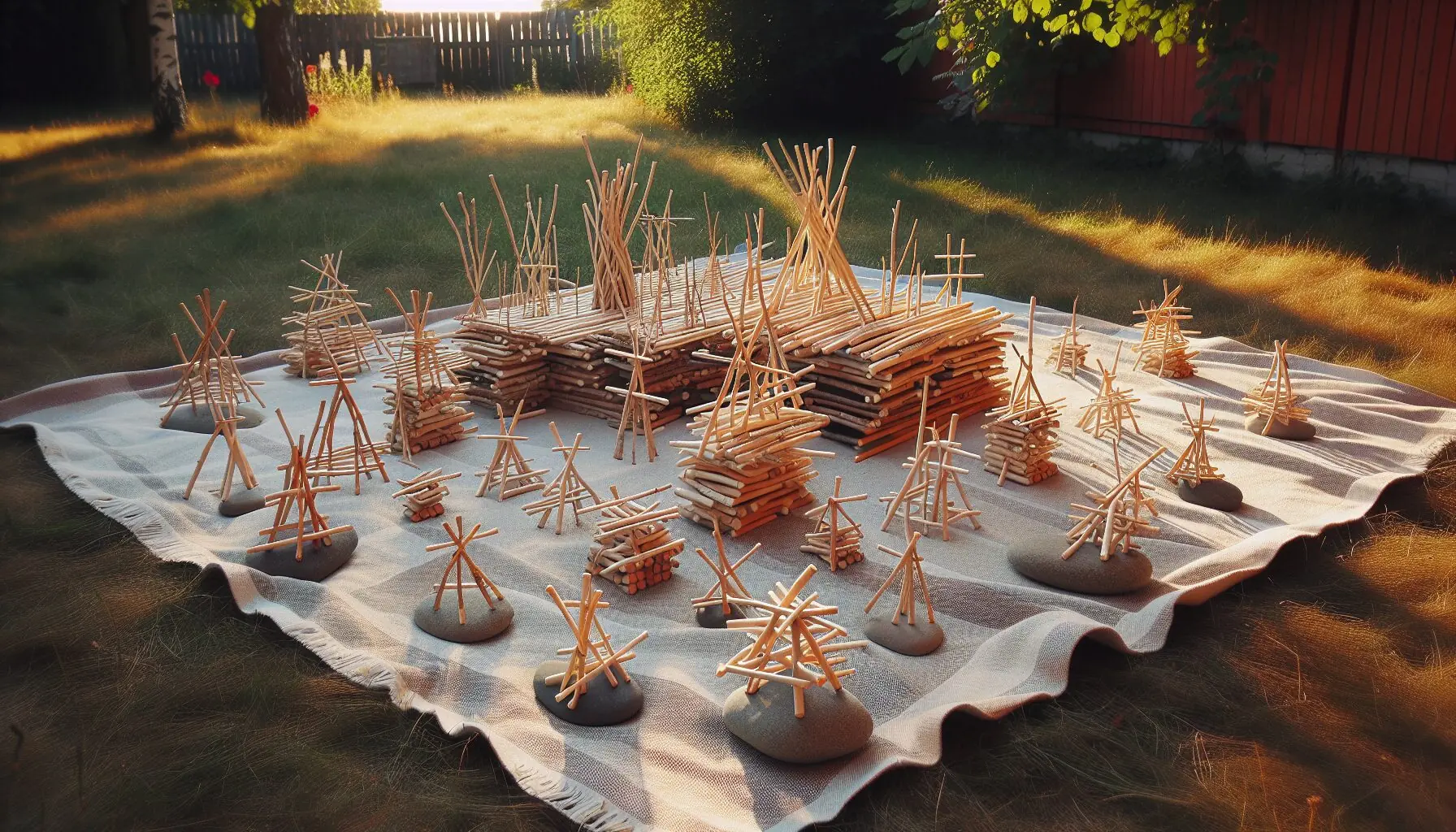 Depict a scene showing two kids happily experimenting with stick structures on a picnic blanket, filled with tiny creative projects.