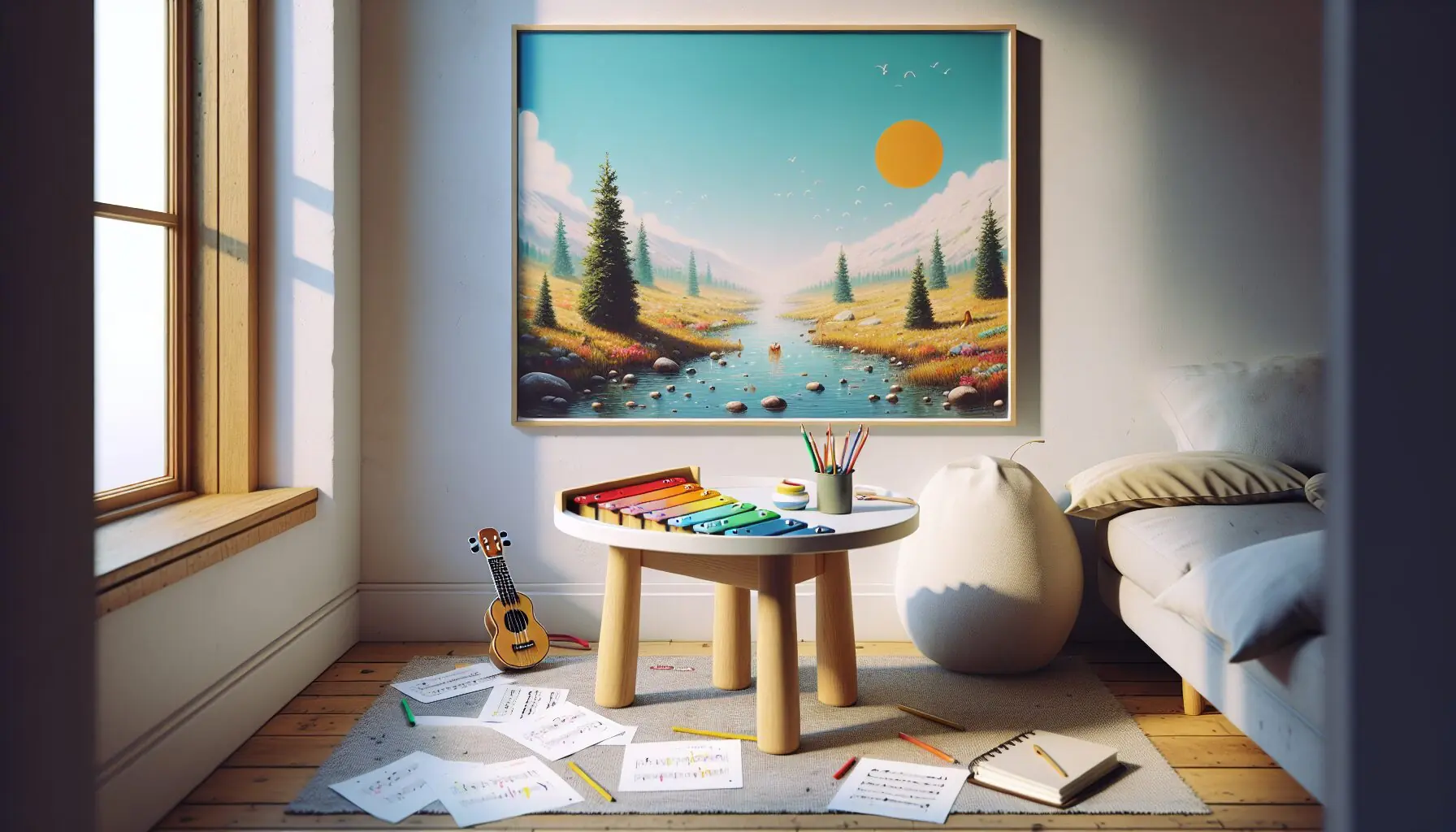 Generate an image of a whimsical landscape with musical notes floating in the air.