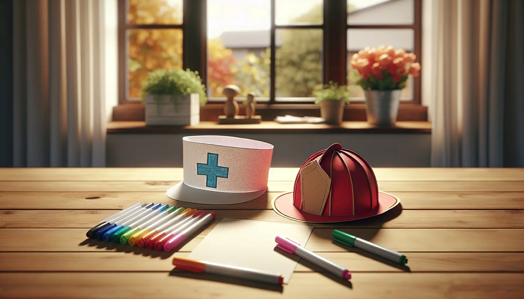 Create an image of paper 'Helper Hats' like a nurse’s cap and a firefighter's helmet.