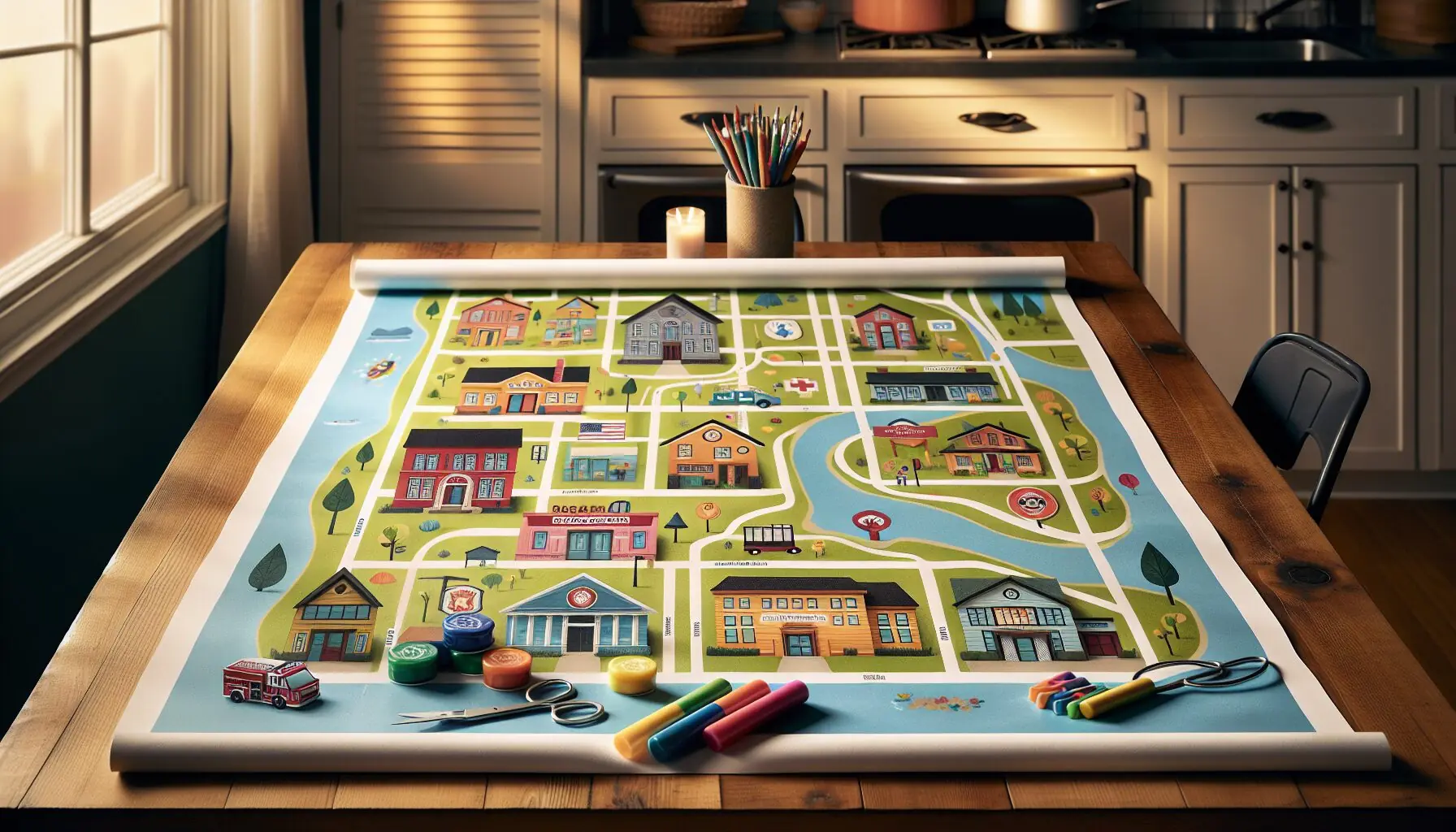 Generate an image of a child-friendly neighborhood map with vivid landmarks.